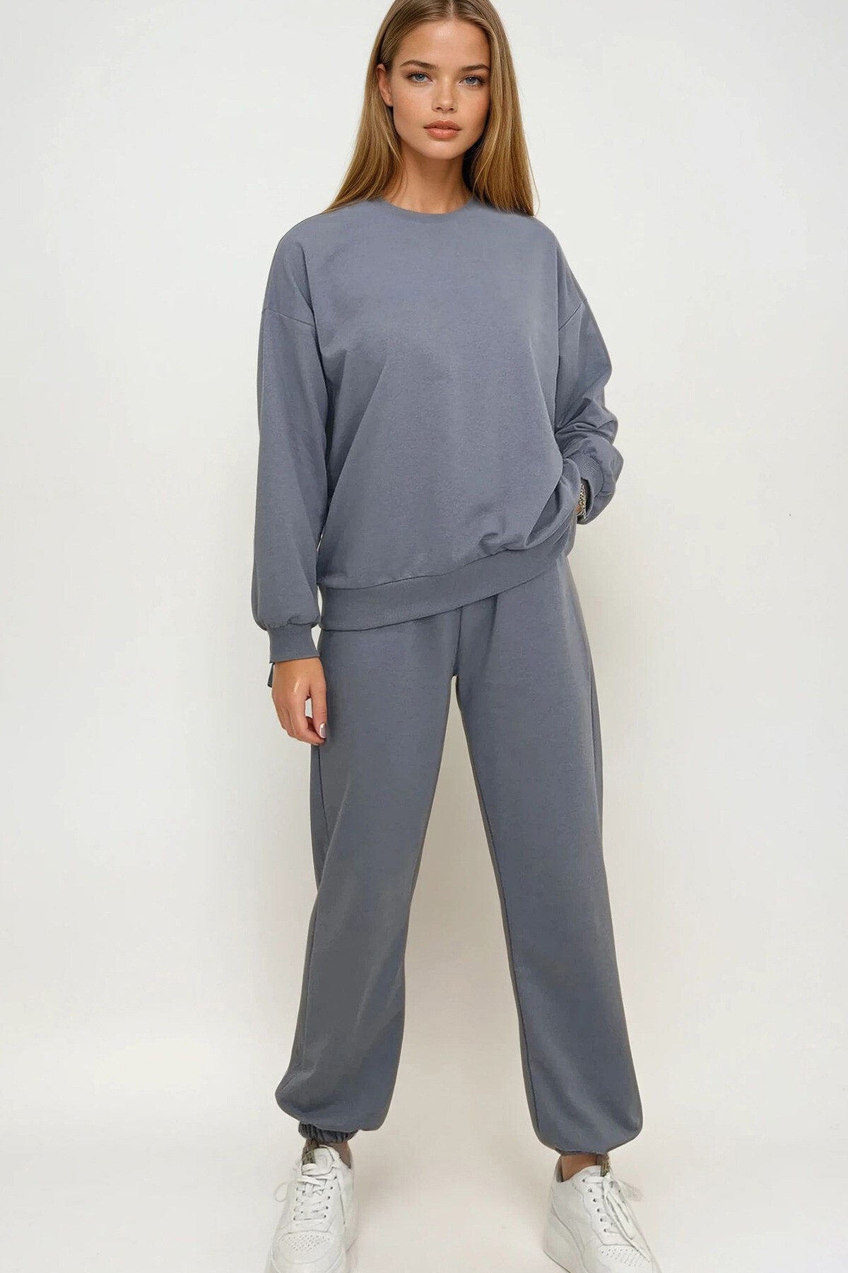 Boyalı Gri Bisiklet Yaka Mevsimlik İki İplik Eşofman Takım