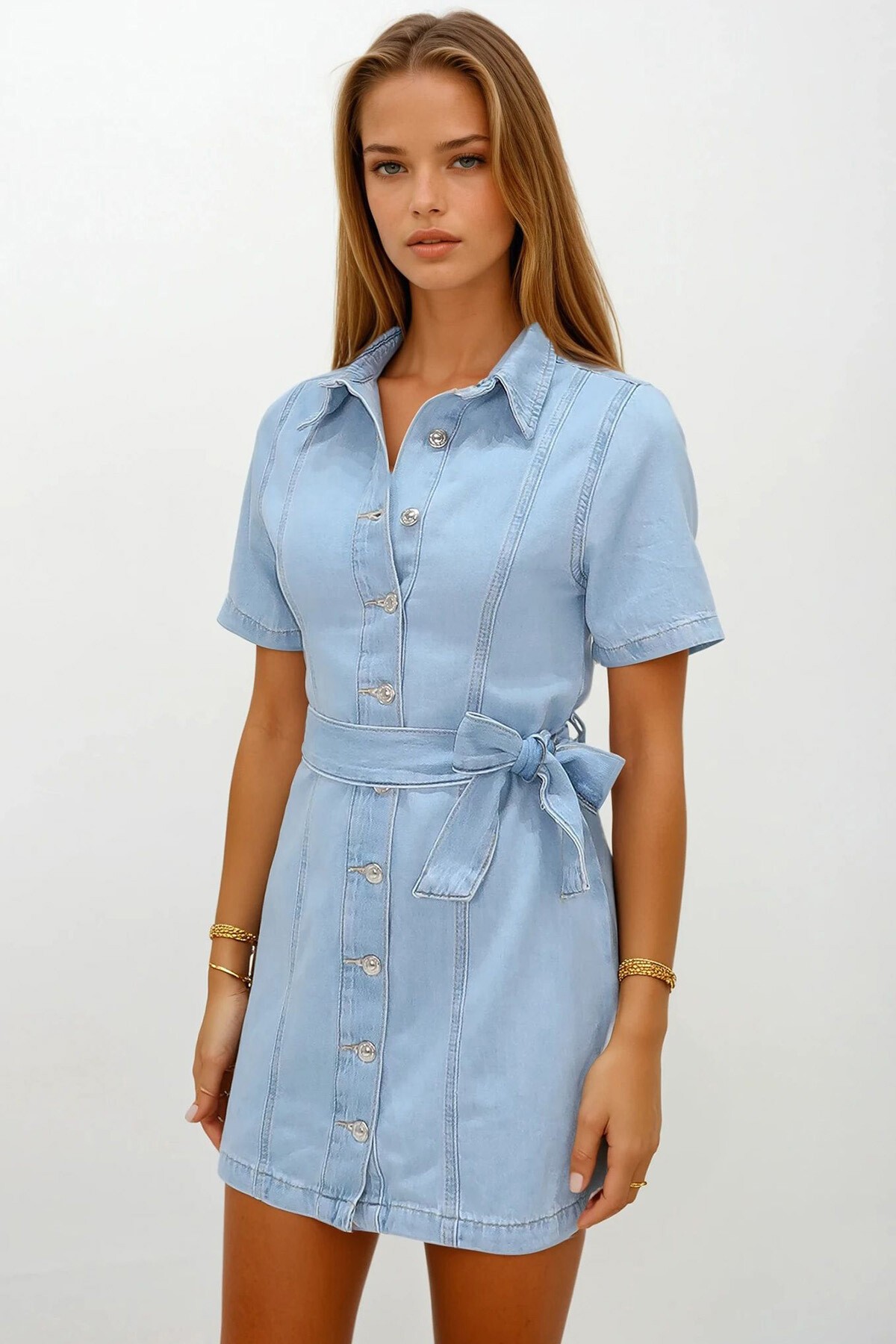 Buz Mavi Düğme Kapamalı Kuşaklı Jean Elbise