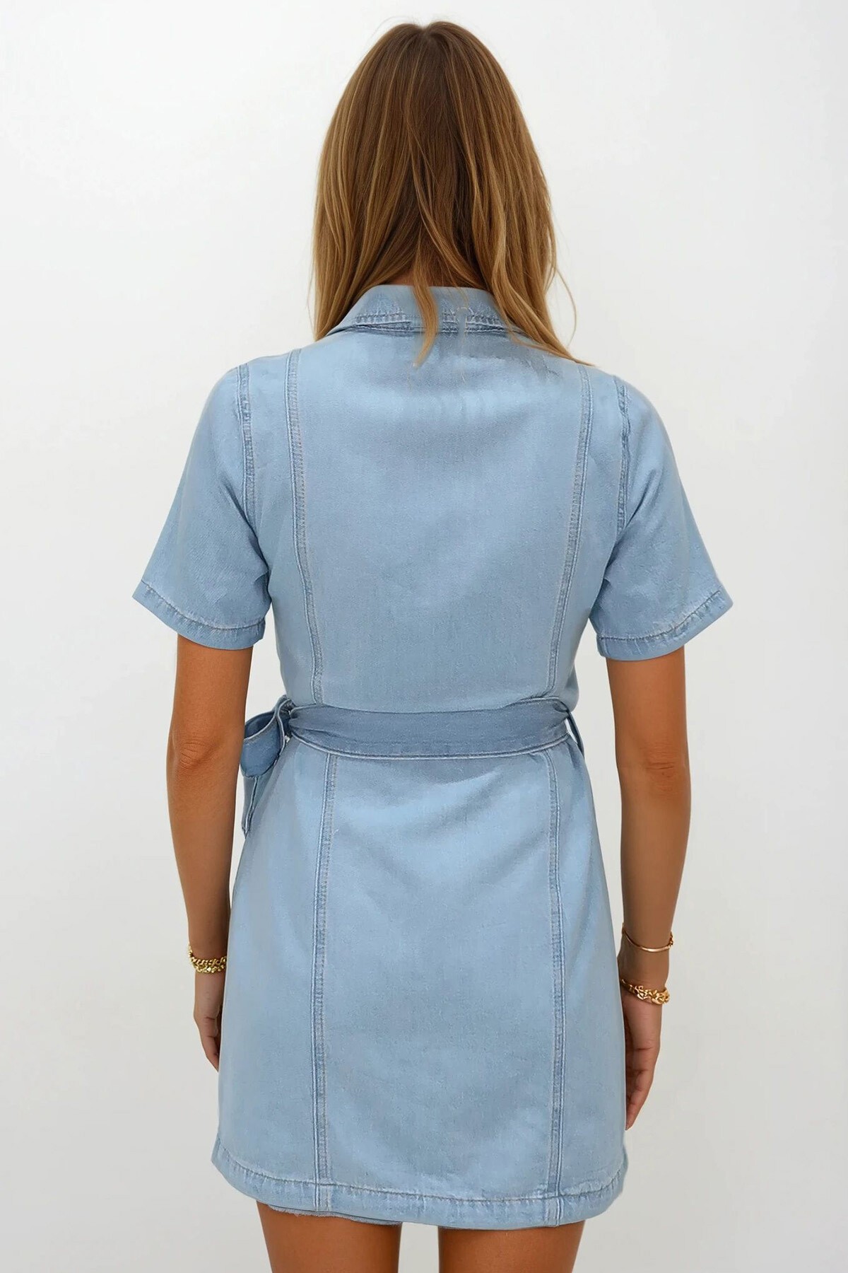 Buz Mavi Düğme Kapamalı Kuşaklı Jean Elbise