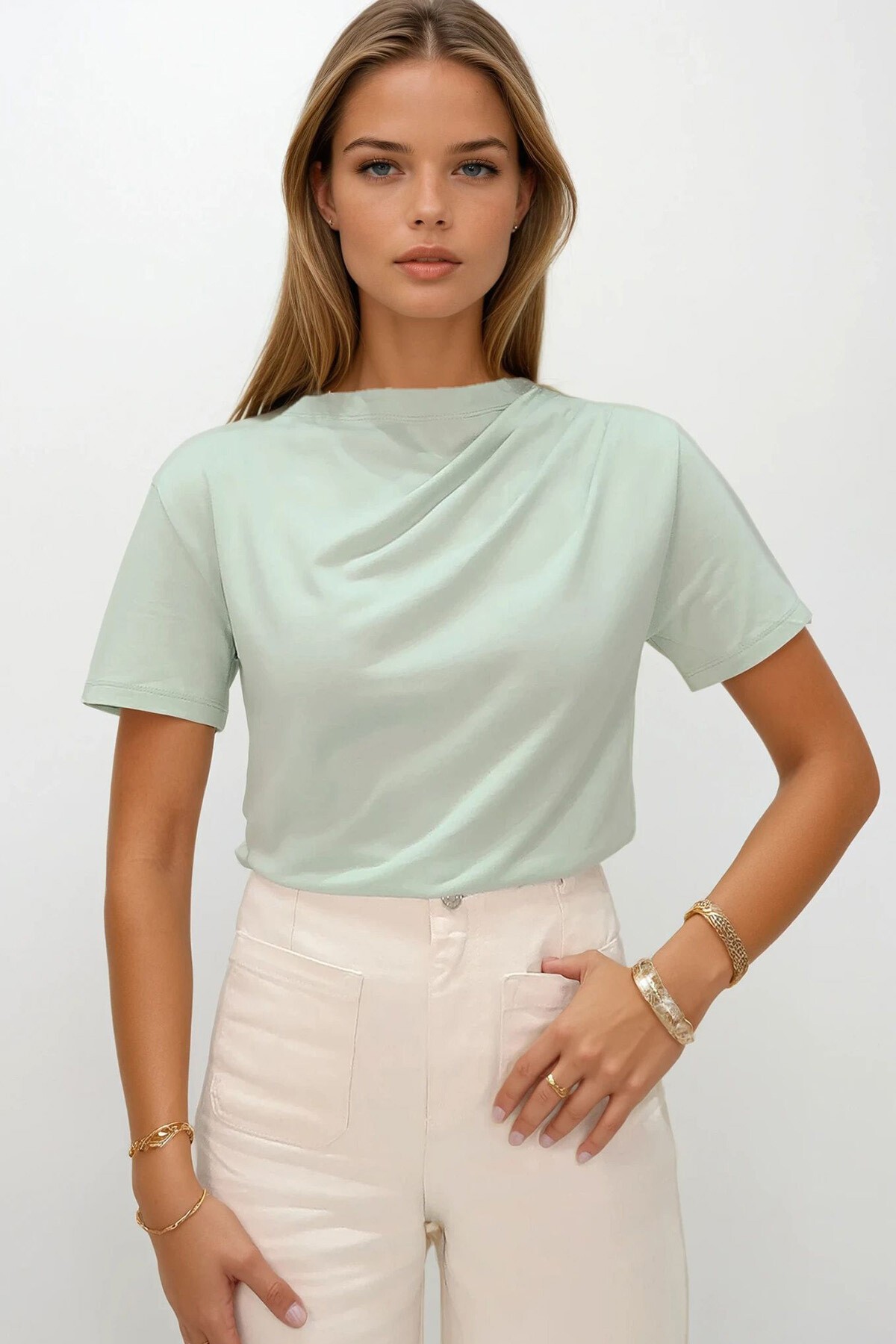 Çağla Yeşili Dik Yaka Omuzu Drapeli Cotton Bluz