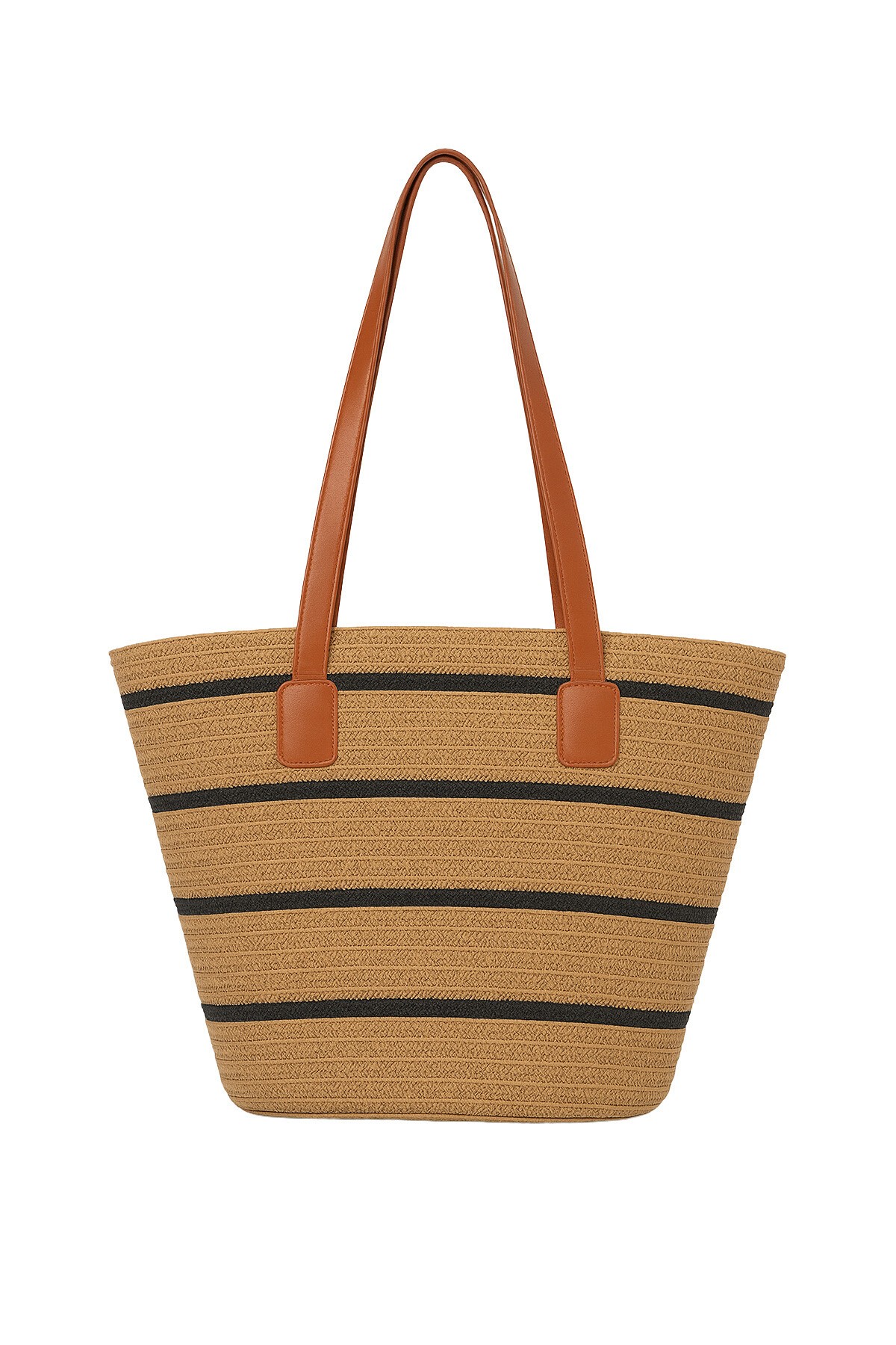 Camel Siyah Deri Kordonlu Çizgi Desenli Hasır Büyük Boy Plaj Çantası