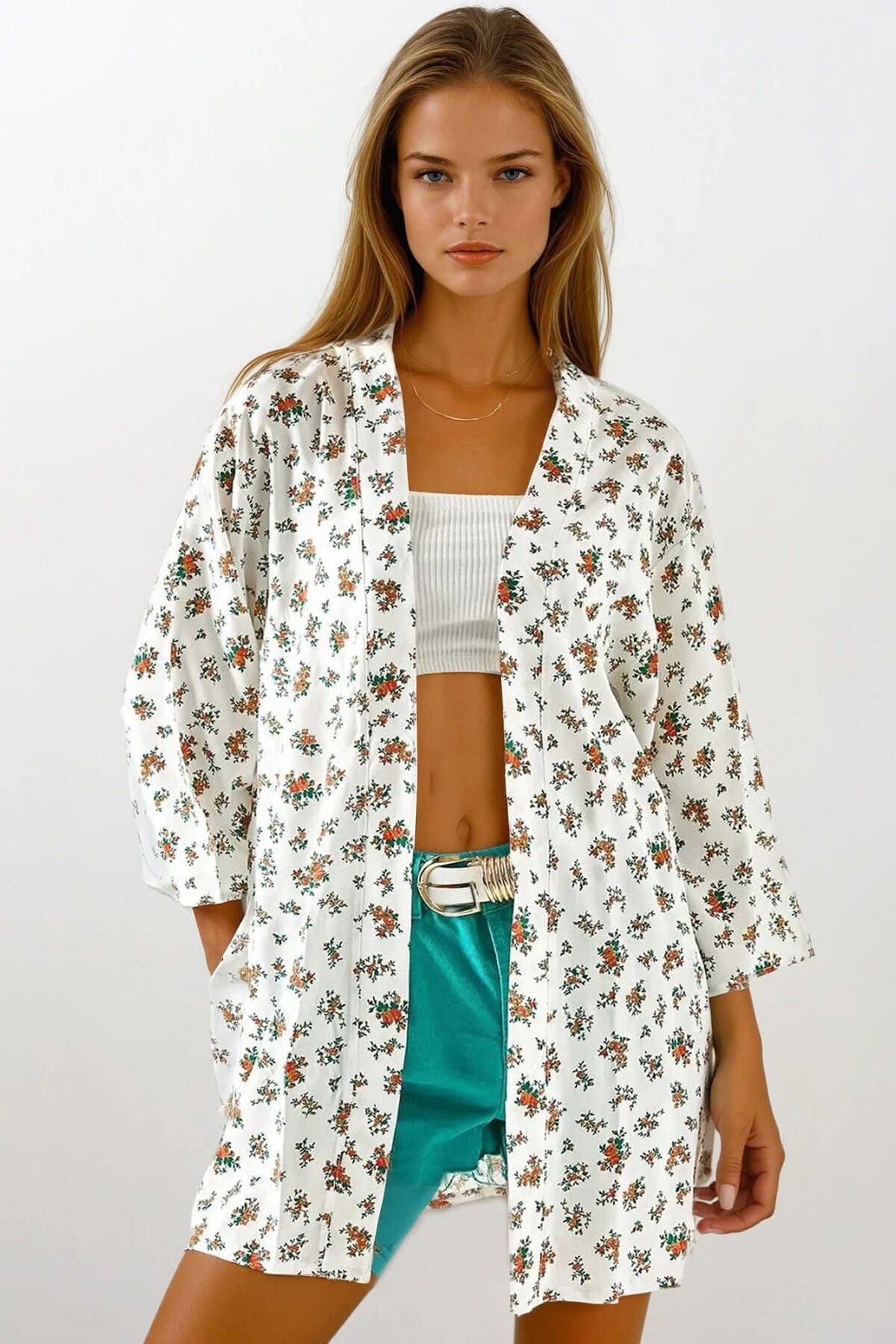 Kırmızı Çiçek Desenli Dokuma Viskon Kimono