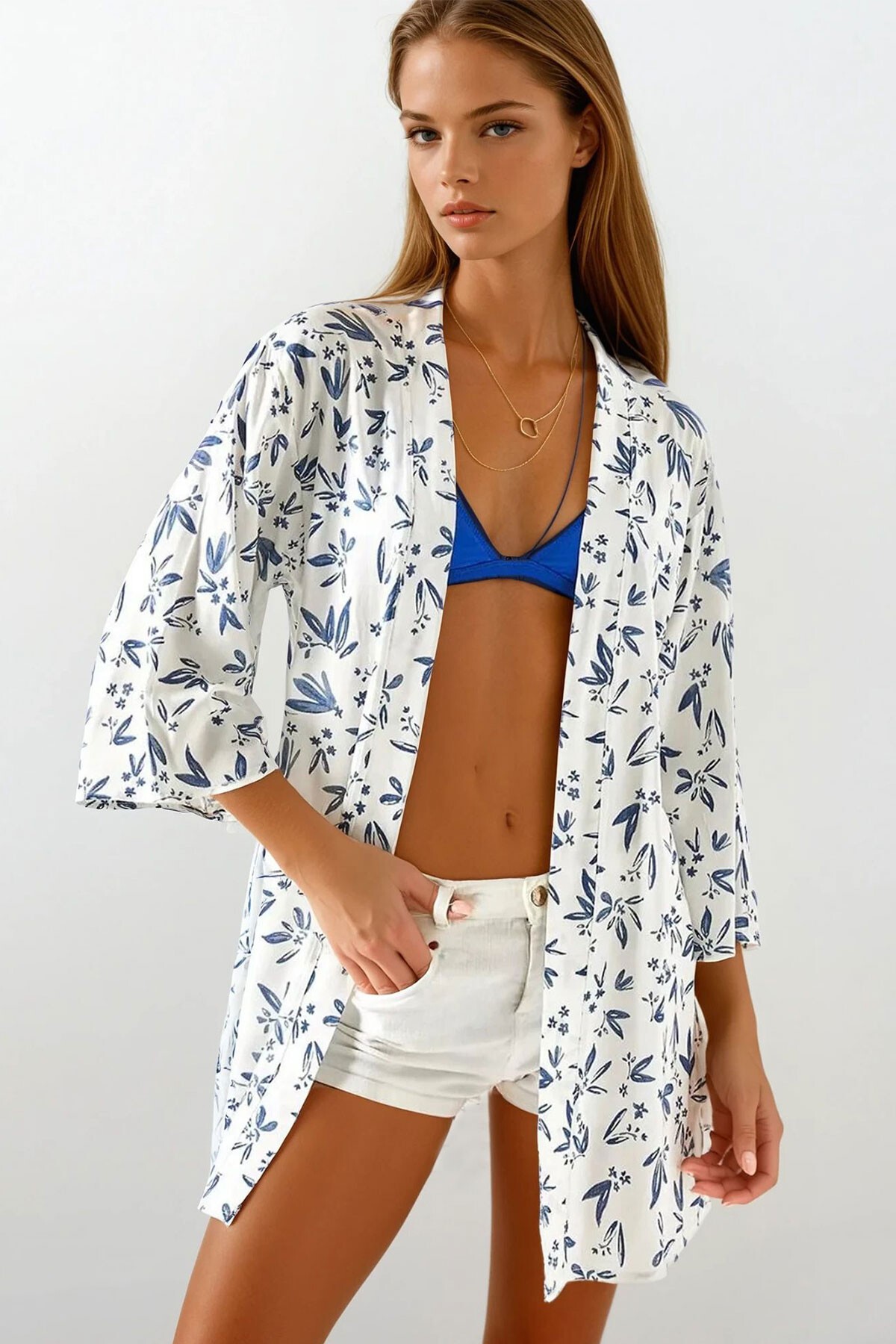 Mavi Çiçek Desenli Dokuma Viskon Kimono