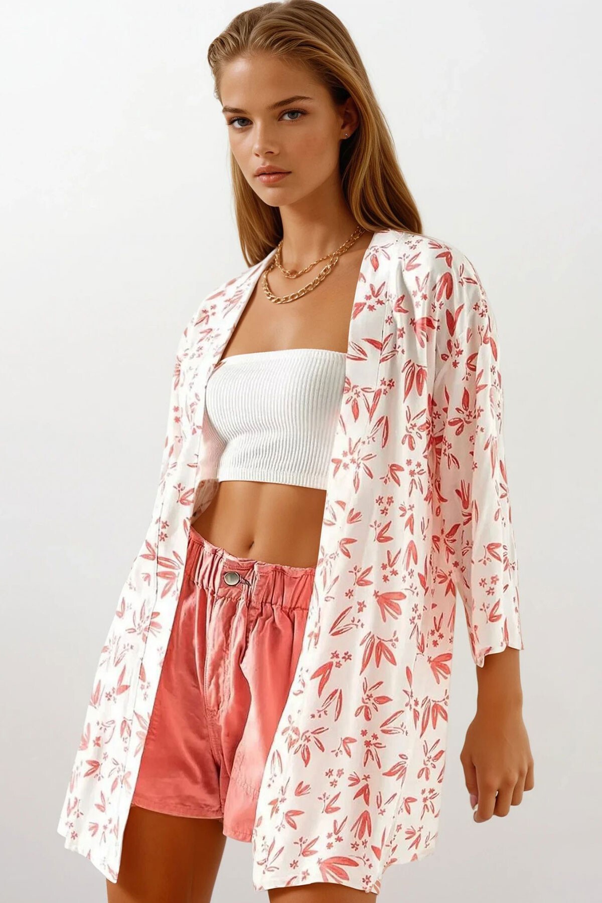 Pembe Çiçek Desenli Dokuma Viskon Kimono