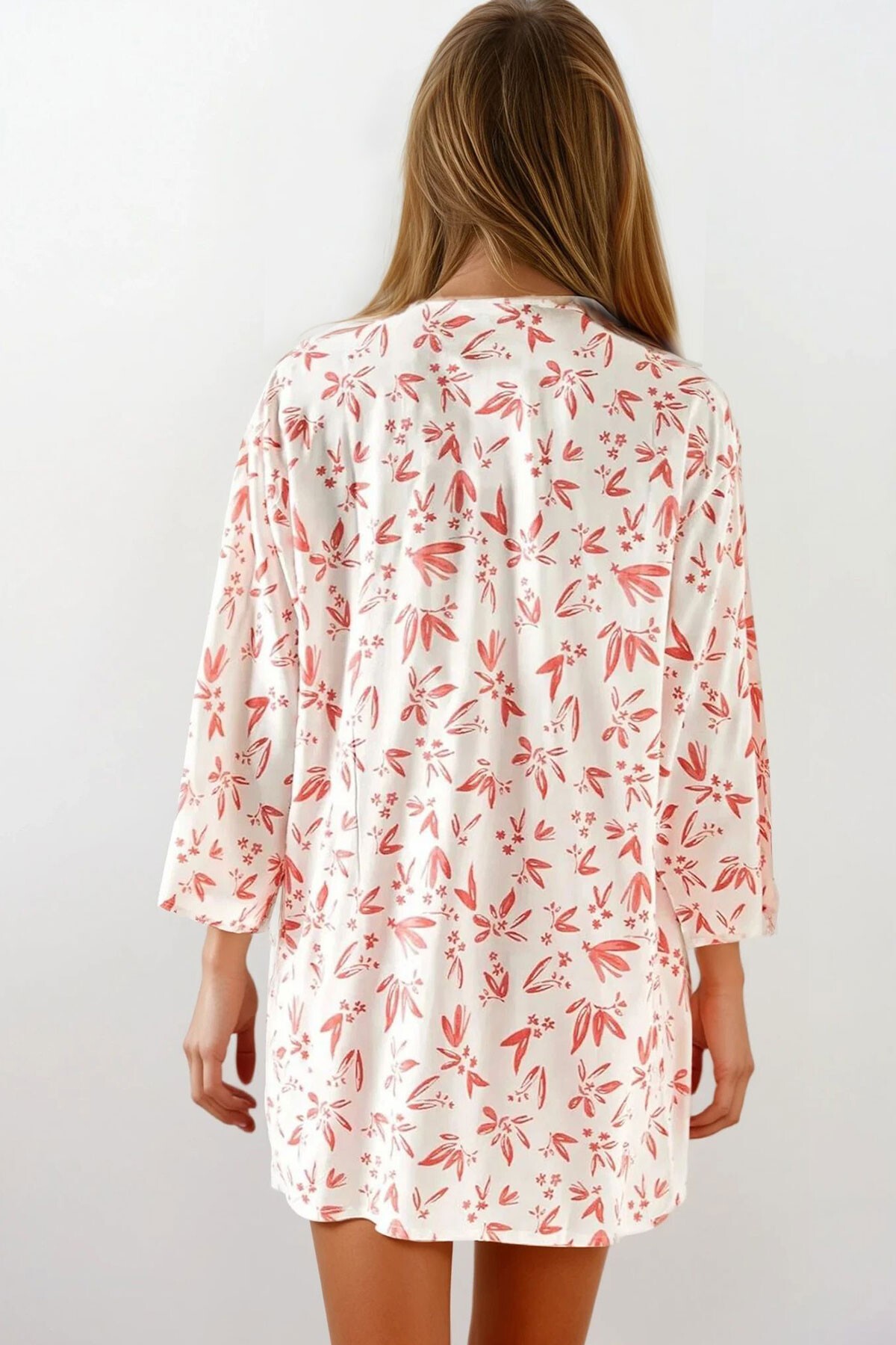 Pembe Çiçek Desenli Dokuma Viskon Kimono