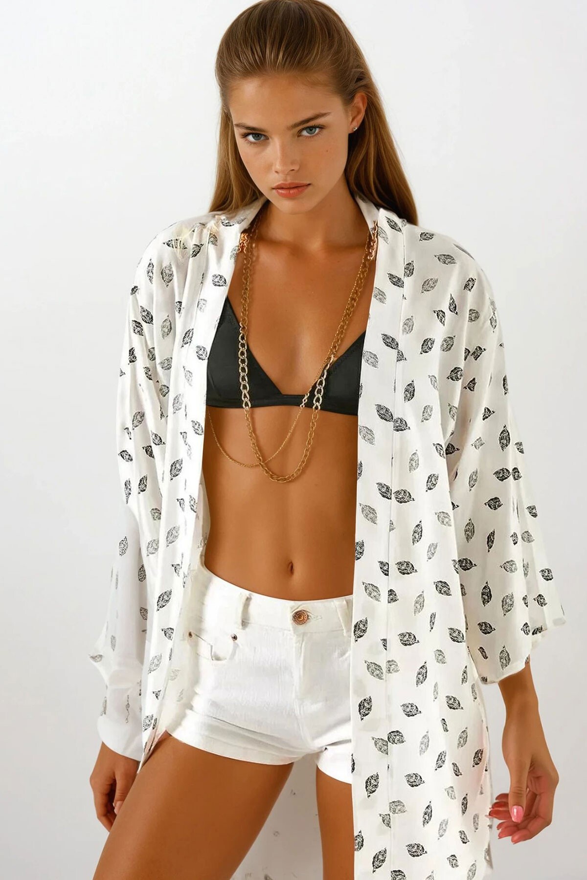 Antrasit Çiçek Desenli Dokuma Viskon Kimono