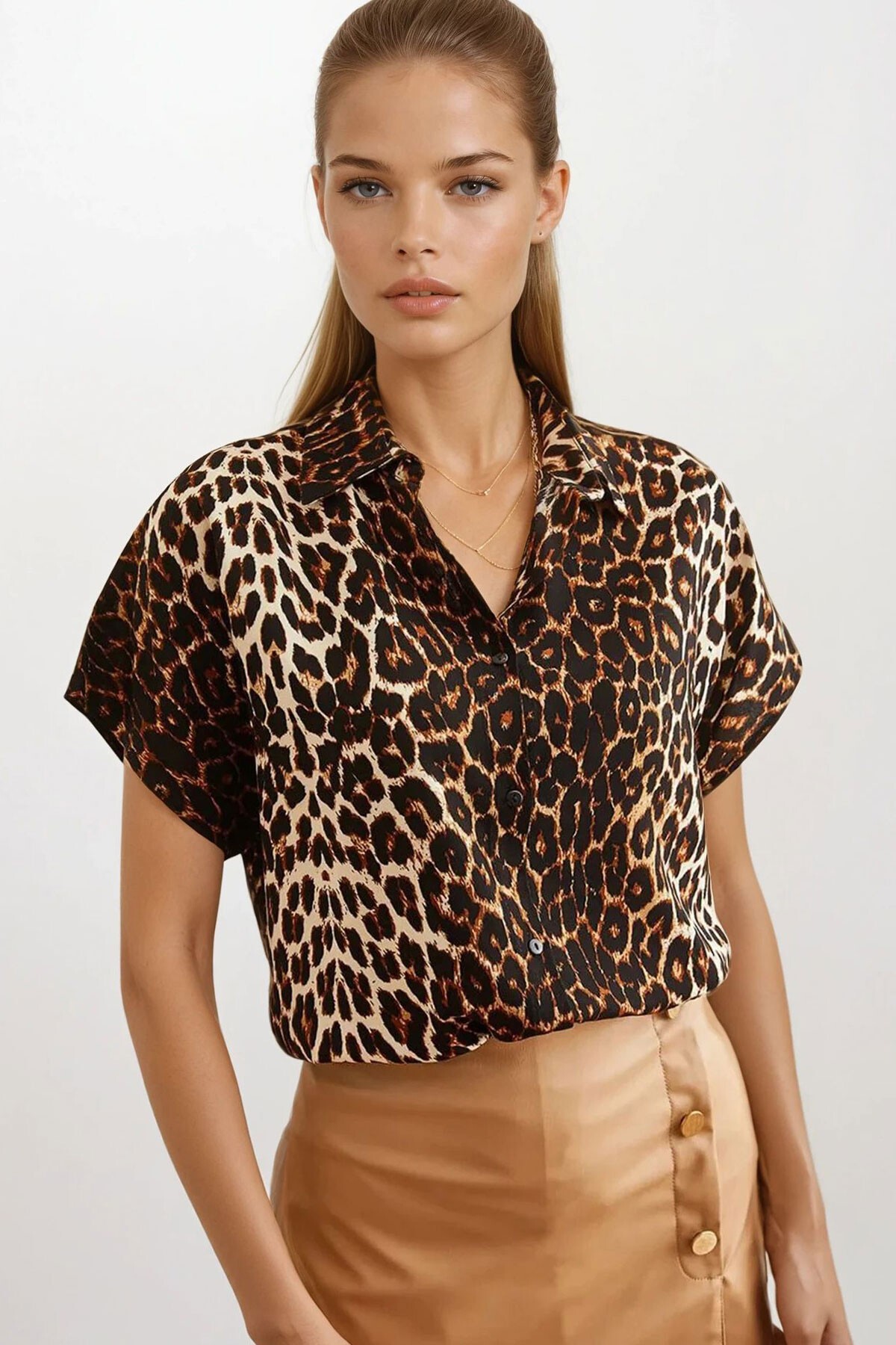 Leopar Çiçekli Viskon Yarasa Gömlek