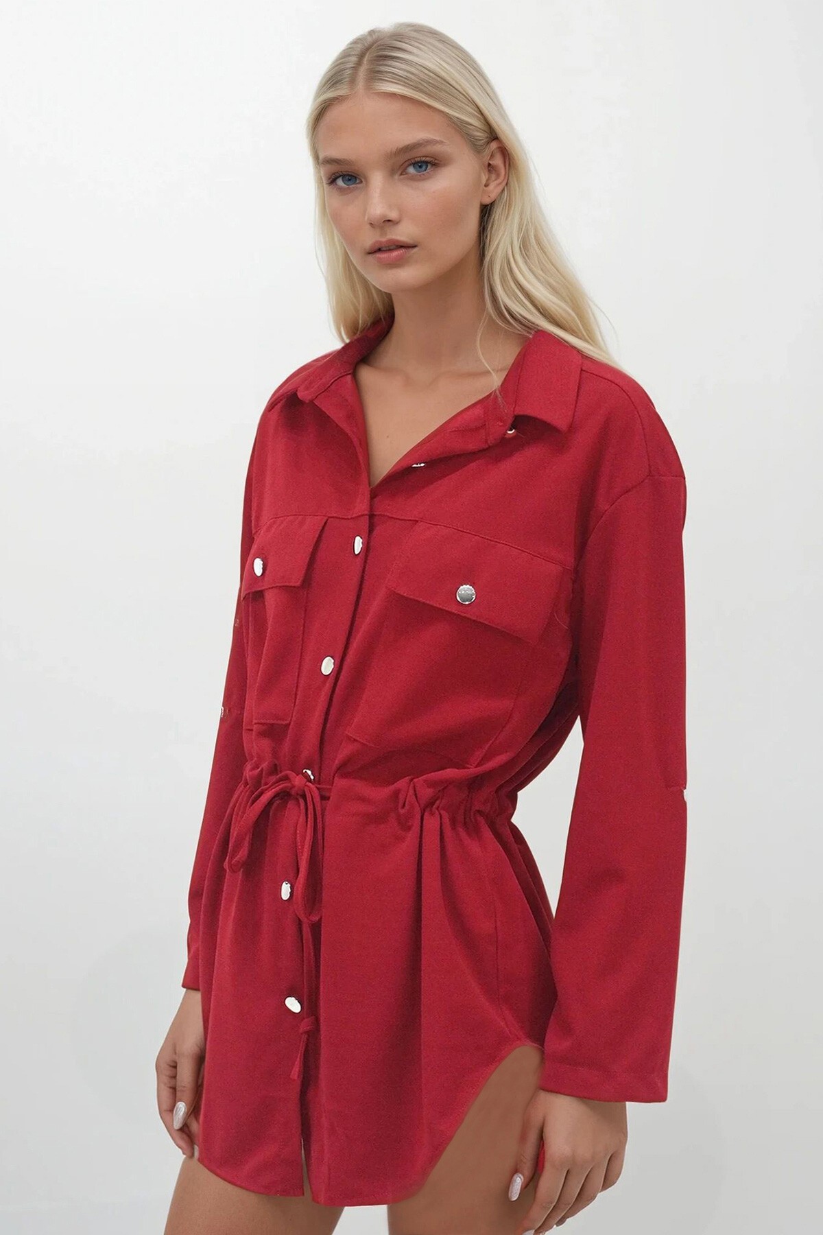 Bordo Çift Cepli Belden Bağlamalı Aerobin Safari Gömlek