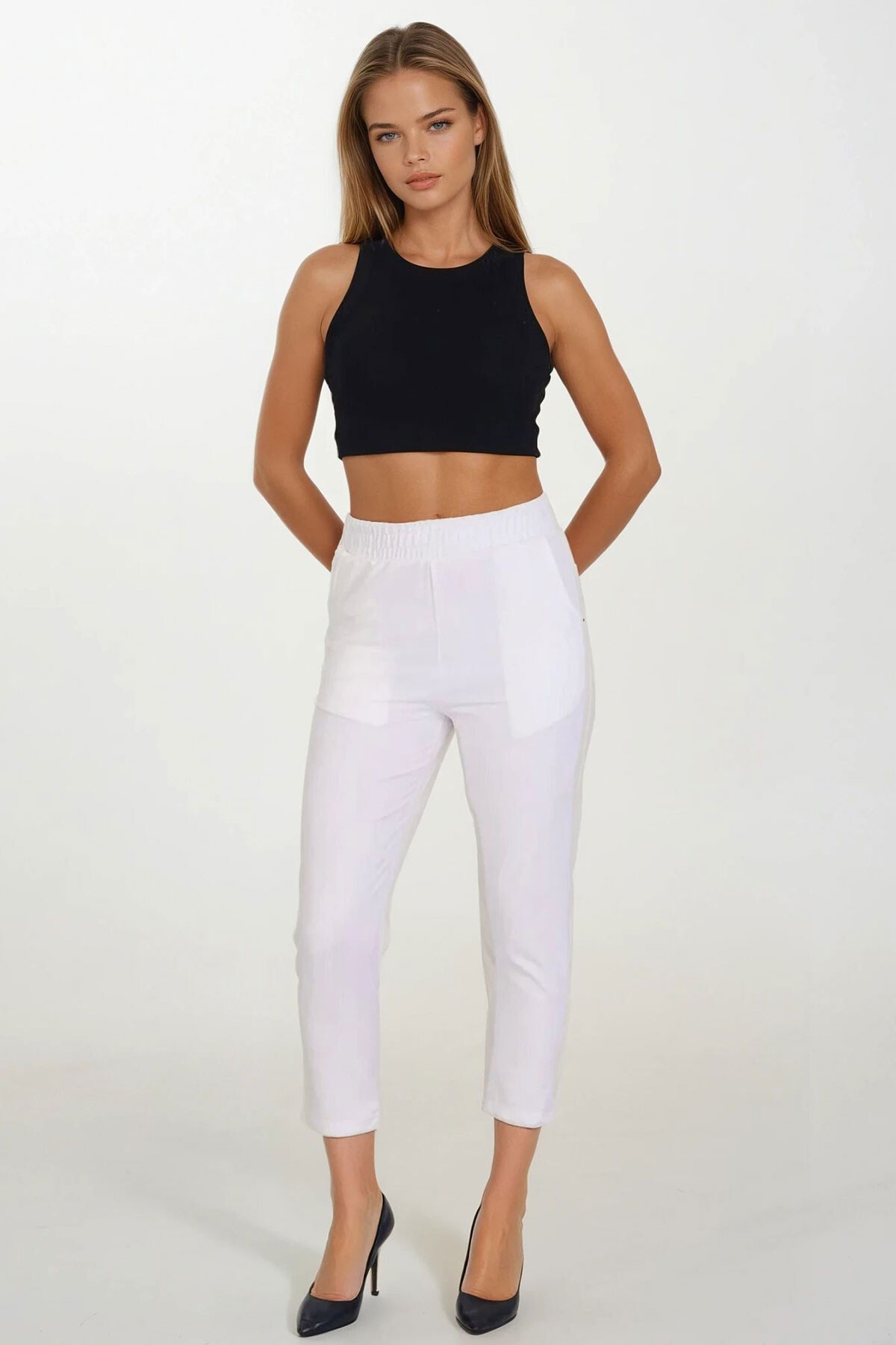 Beyaz Çift Cepli Beli Lastikli Havuç Pantolon