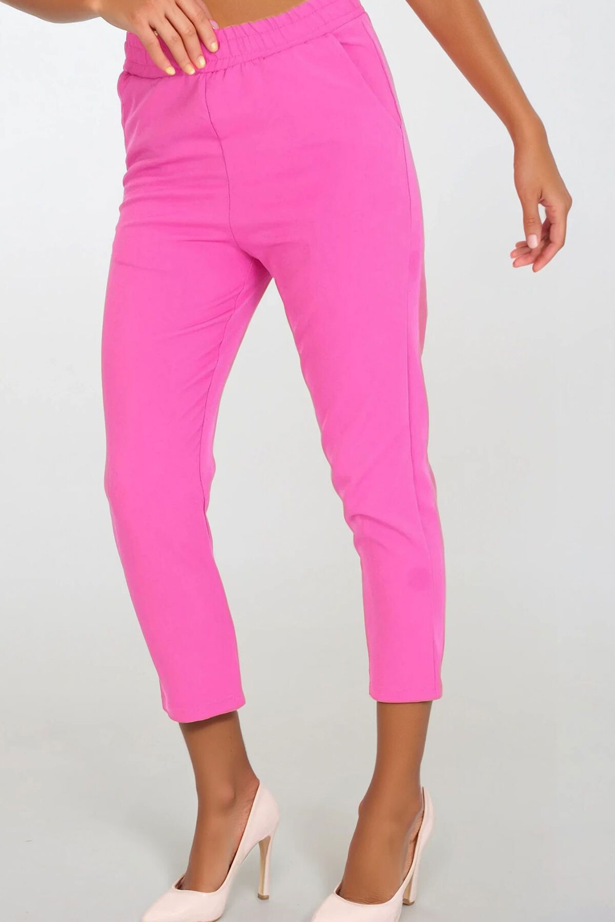 Pembe Çift Cepli Beli Lastikli Havuç Pantolon
