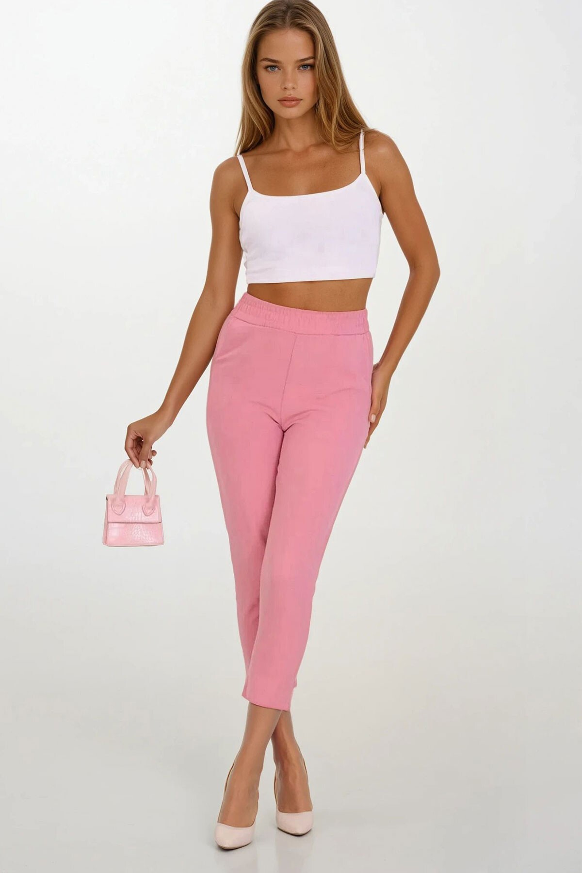 Pudra Çift Cepli Beli Lastikli Havuç Pantolon