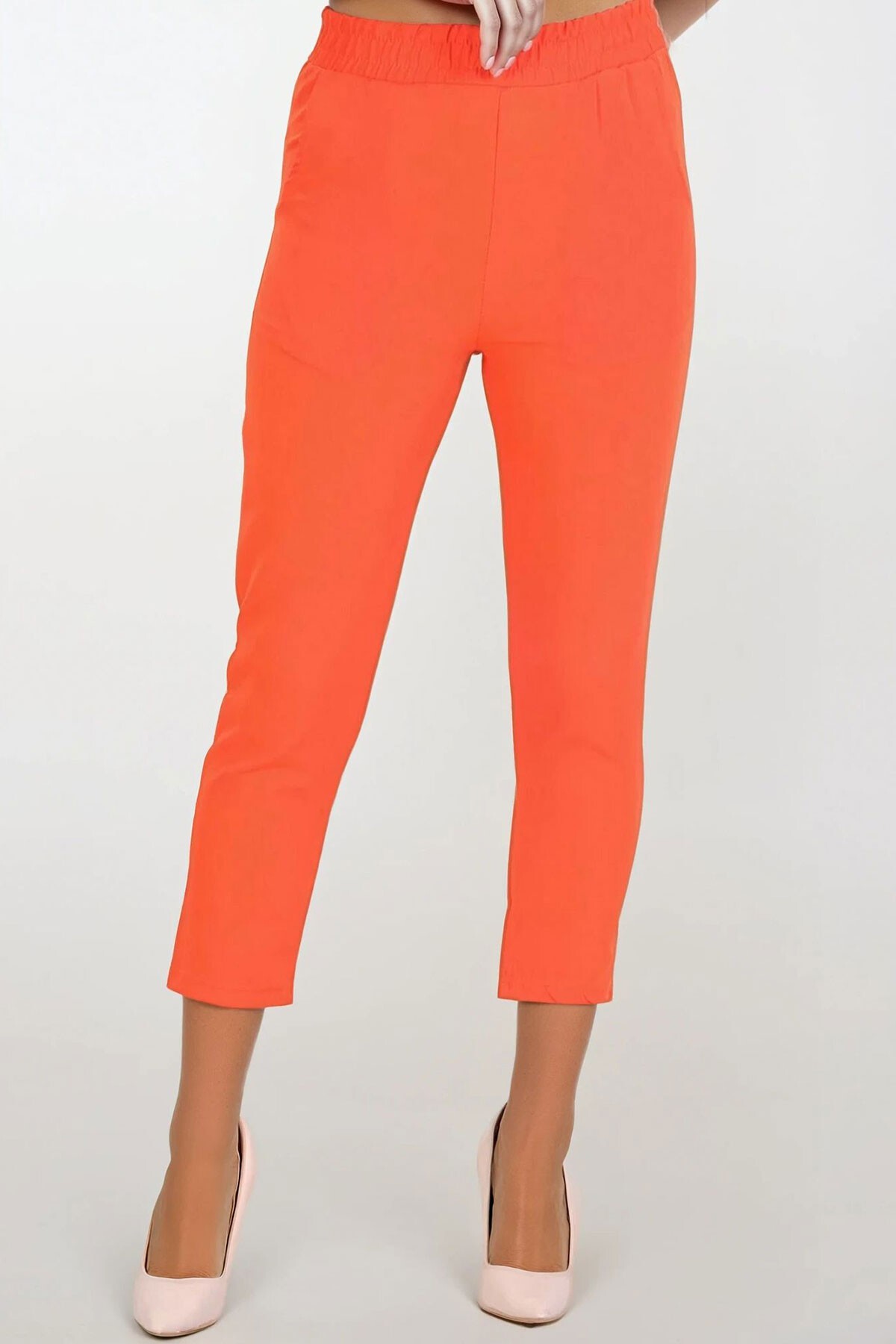 Turuncu Çift Cepli Beli Lastikli Havuç Pantolon