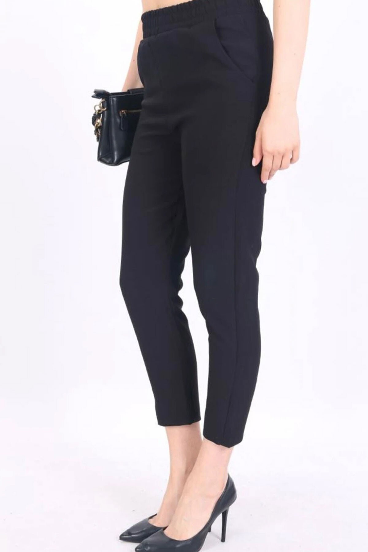 Siyah Çift Cepli Beli Lastikli Havuç Pantolon