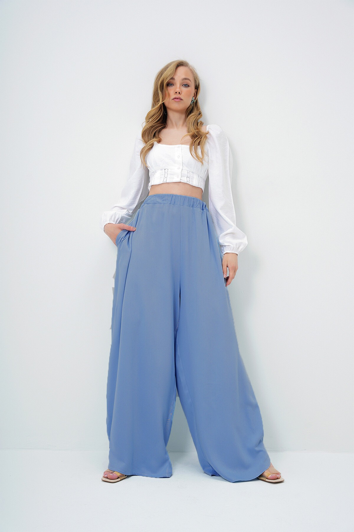 Havacı Mavi Çift Cepli Dökümlü Bol Kesim Dokuma Pantolon