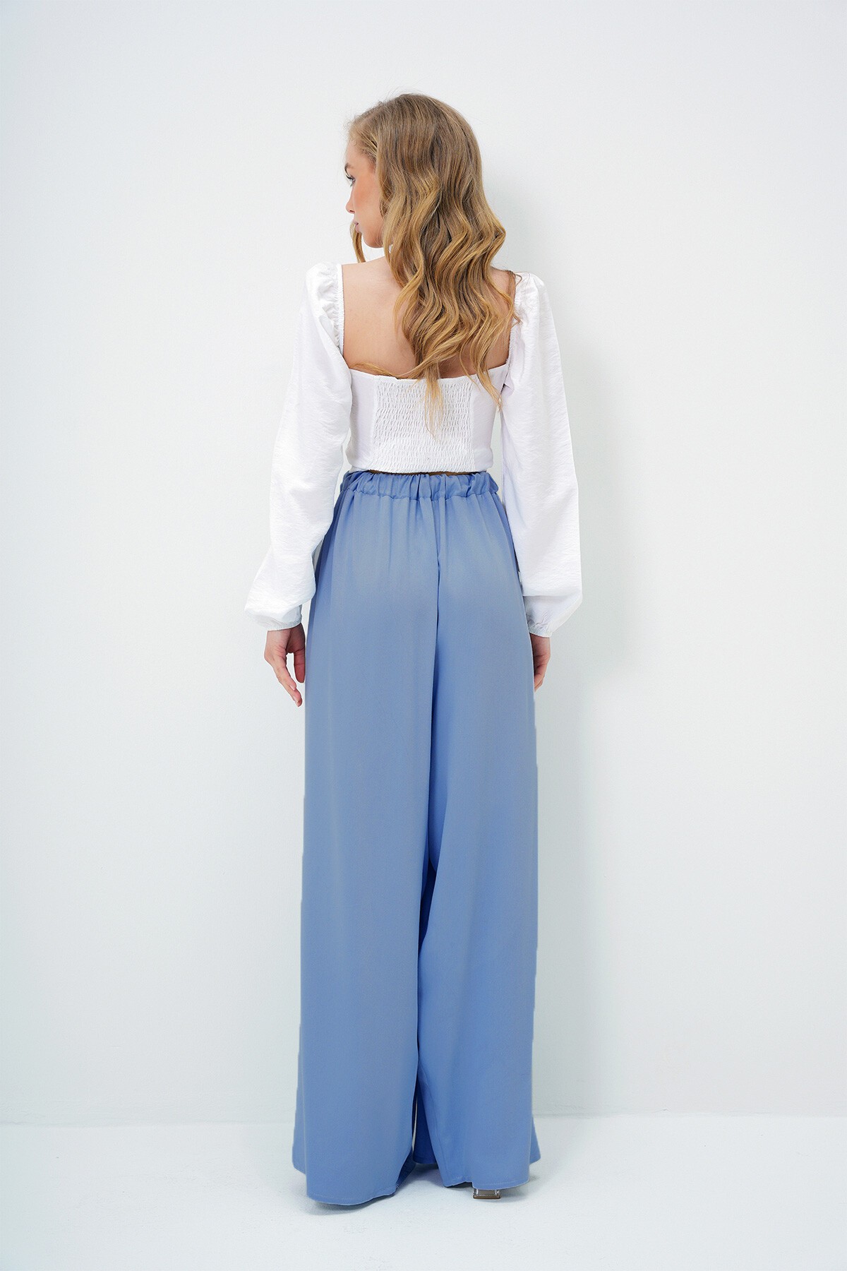 Havacı Mavi Çift Cepli Dökümlü Bol Kesim Dokuma Pantolon