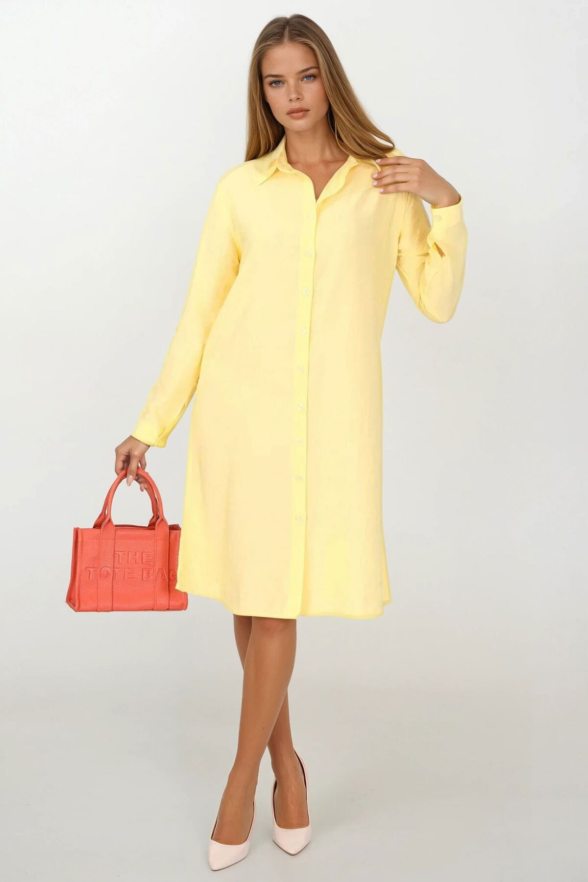 Sarı Düğme Kapamalı Bağcık Detaylı Gömlek Yaka Elbise