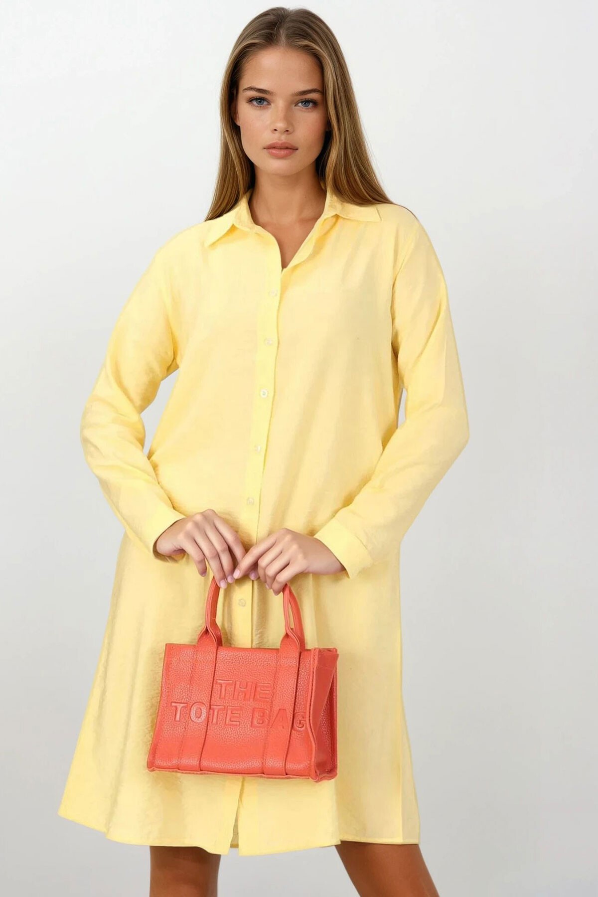 Sarı Düğme Kapamalı Bağcık Detaylı Gömlek Yaka Elbise