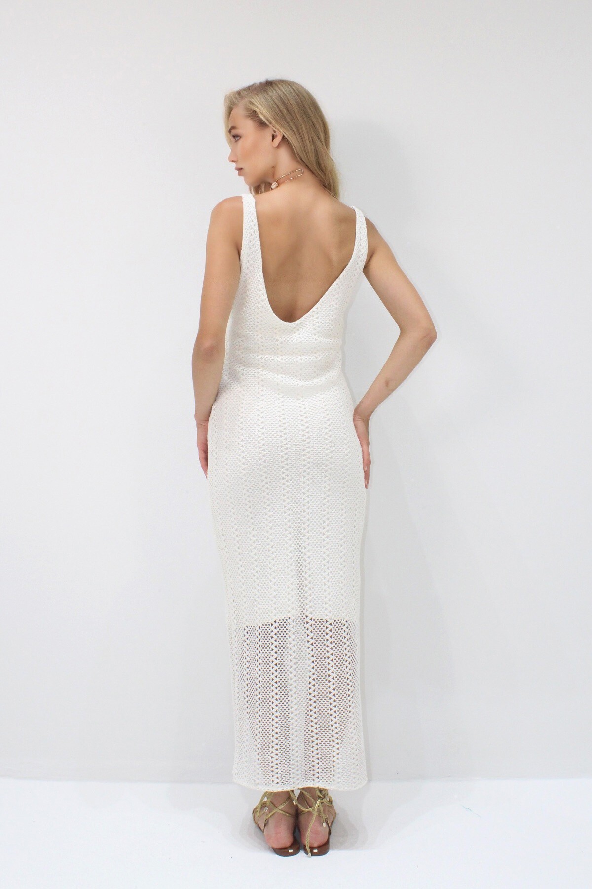 Ekru Askılı  İçi Astarlı Yazlık Güpür Elbise