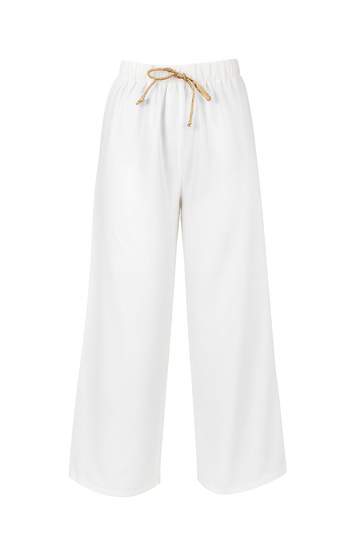 Ekru Beli Lastikli Bağcıklı Keten Palazzo Pantolon