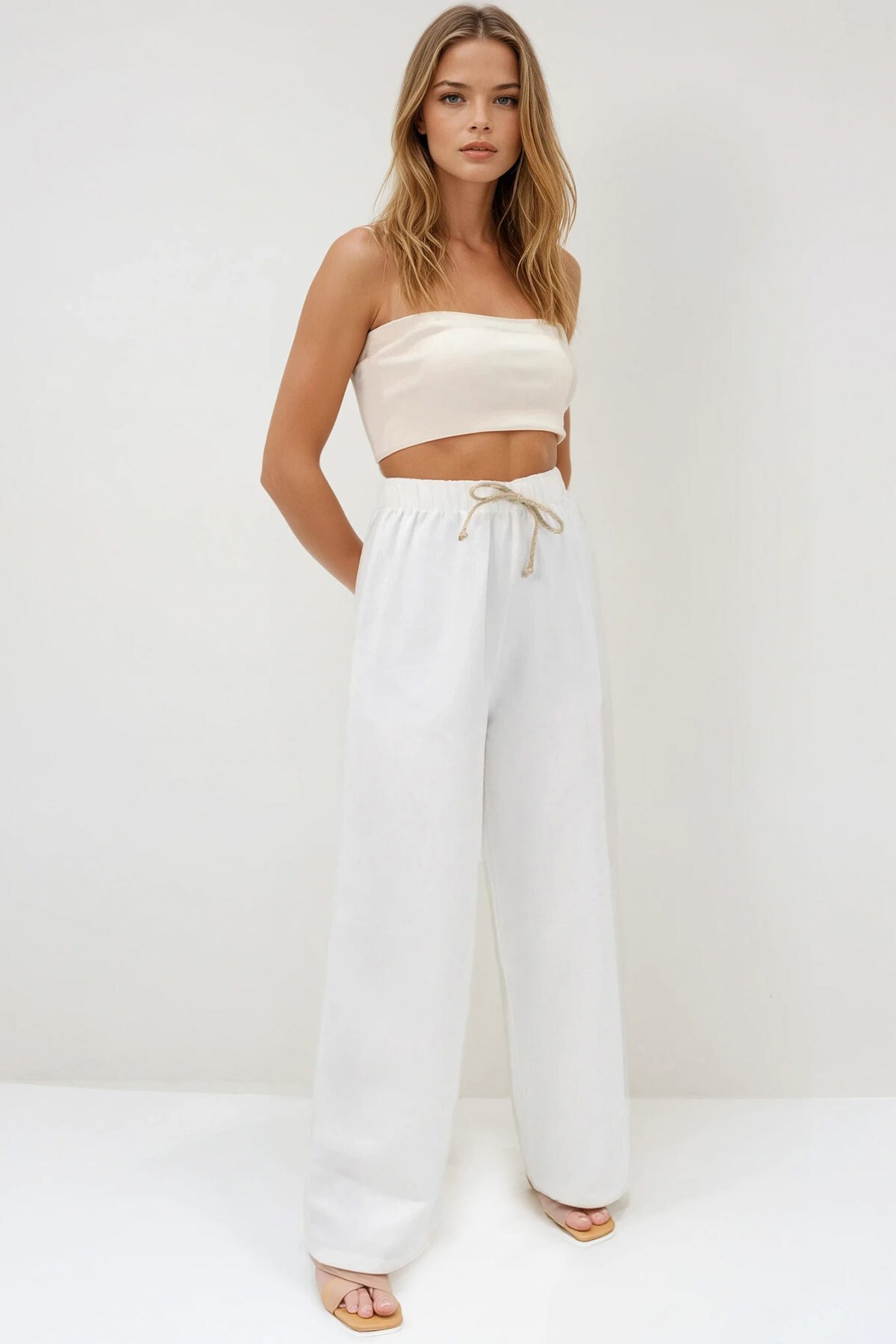 Ekru Beli Lastikli Bağcıklı Keten Palazzo Pantolon