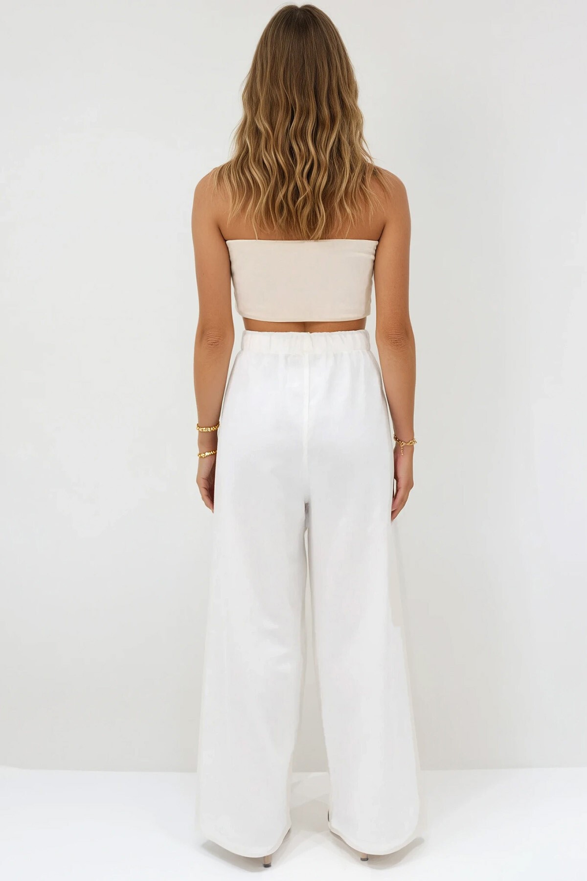 Ekru Beli Lastikli Bağcıklı Keten Palazzo Pantolon