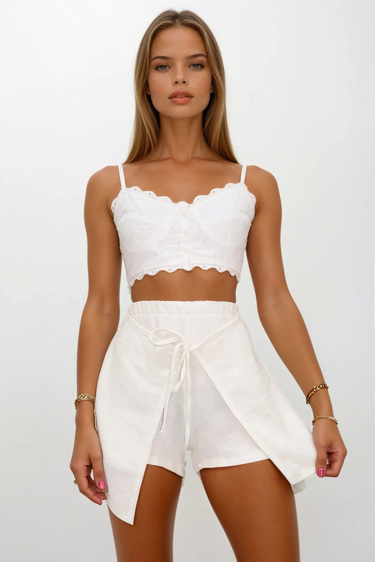 Ekru Beli Lastikli Bağlama Detaylı Kapaklı Müslin Şort Etek