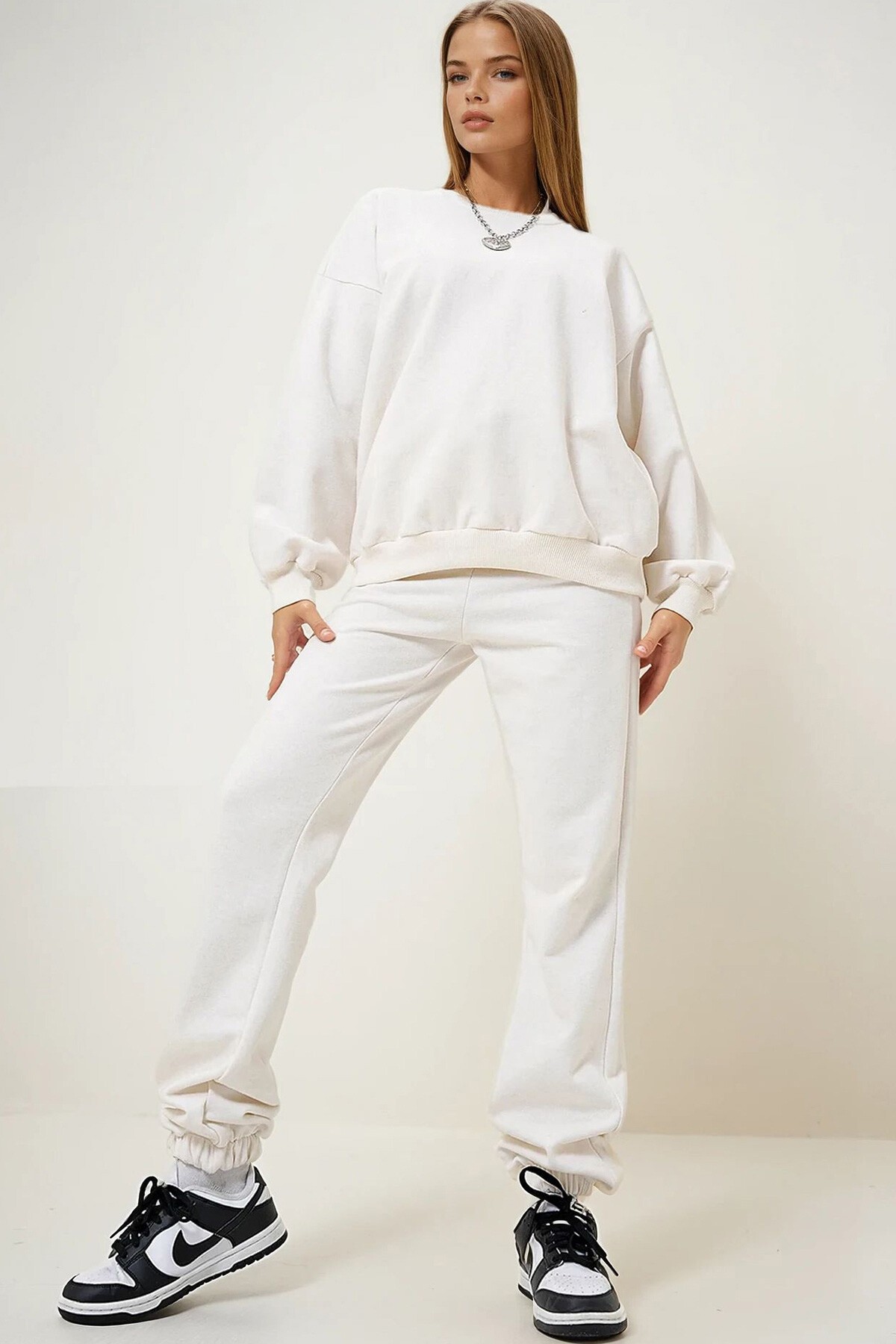 Ekru Bisiklet Yaka Mevsimlik İki İplik Eşofman Takım