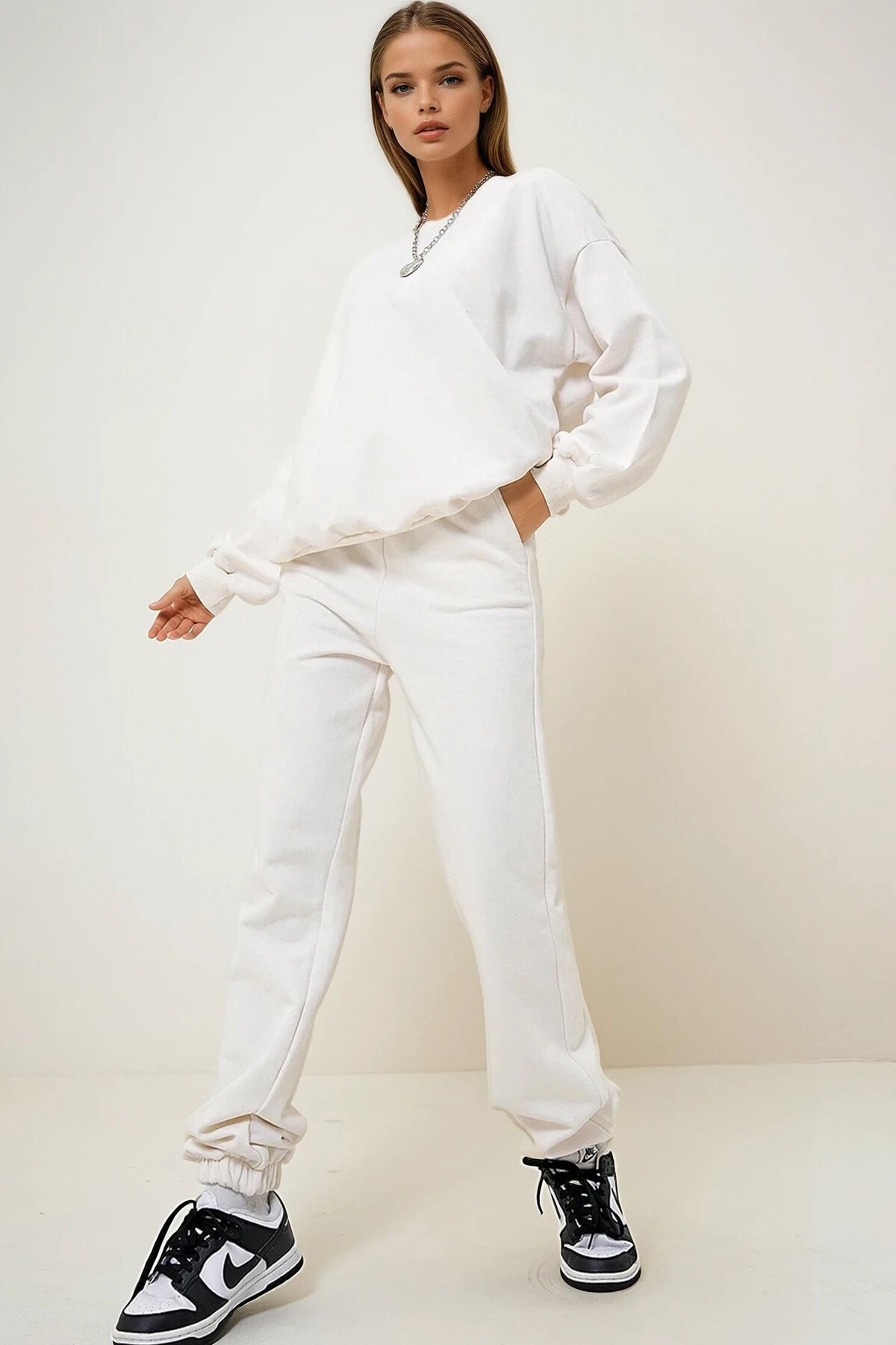 Ekru Bisiklet Yaka Mevsimlik İki İplik Eşofman Takım