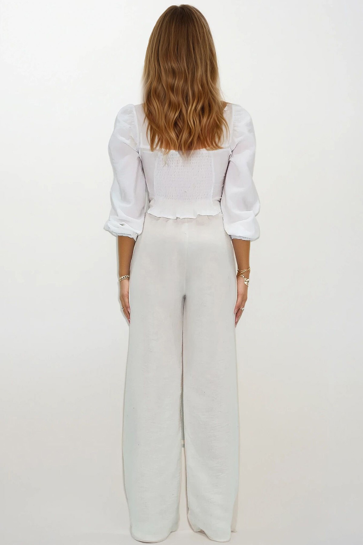 Ekru Çift Cepli Beli Lastikli Müslin Palazzo Pantolon