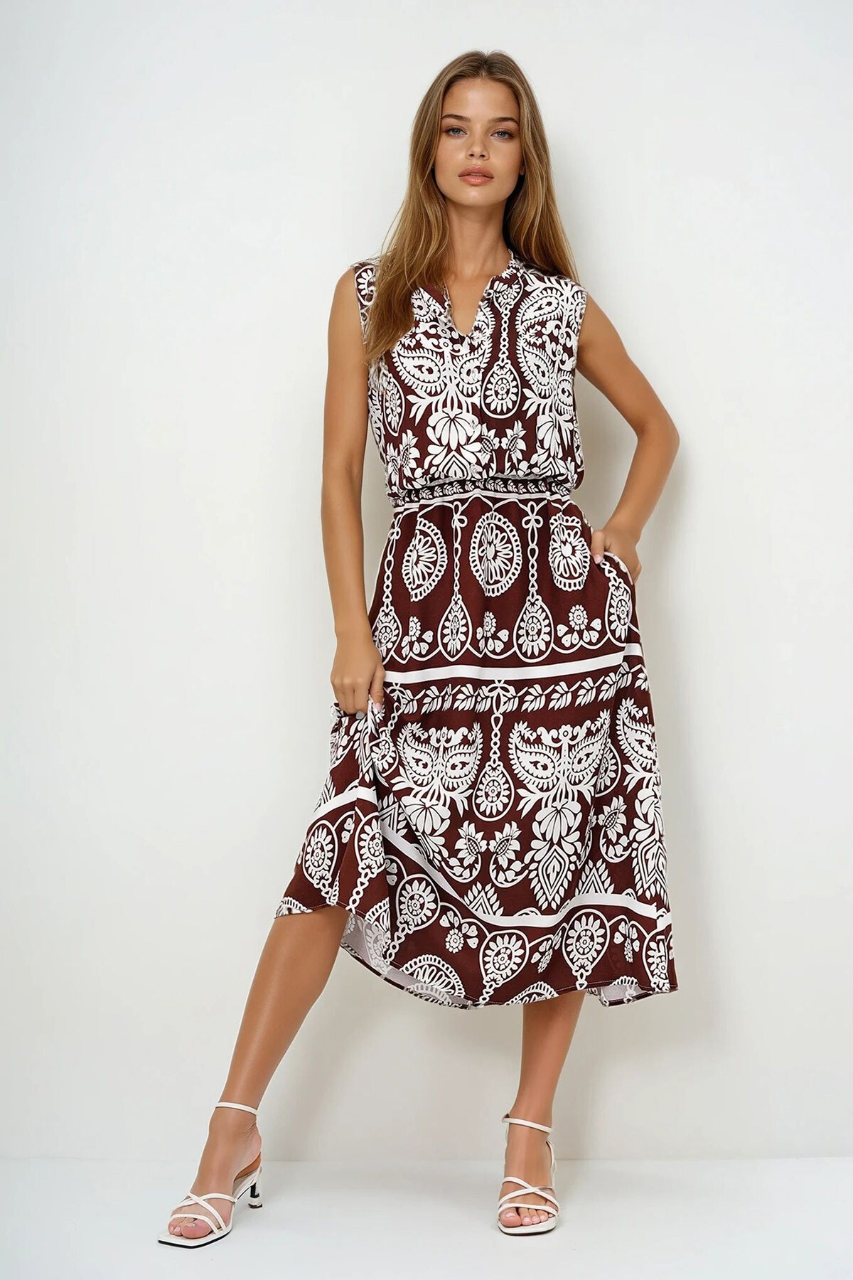 Ekru Kahve Hakim Yaka Önü Düğmeli Sıfır Kol Dokuma Yazlık Elbise