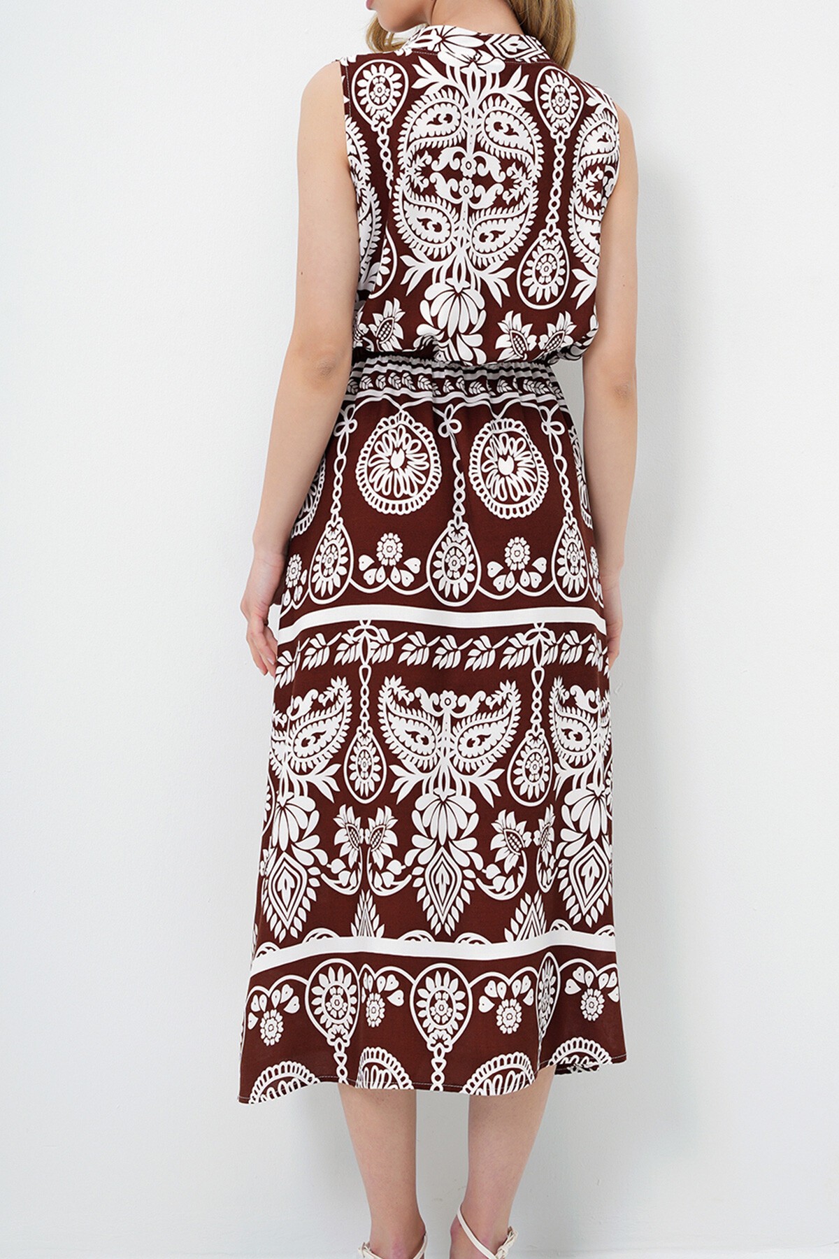 Ekru Kahve Hakim Yaka Önü Düğmeli Sıfır Kol Dokuma Yazlık Elbise