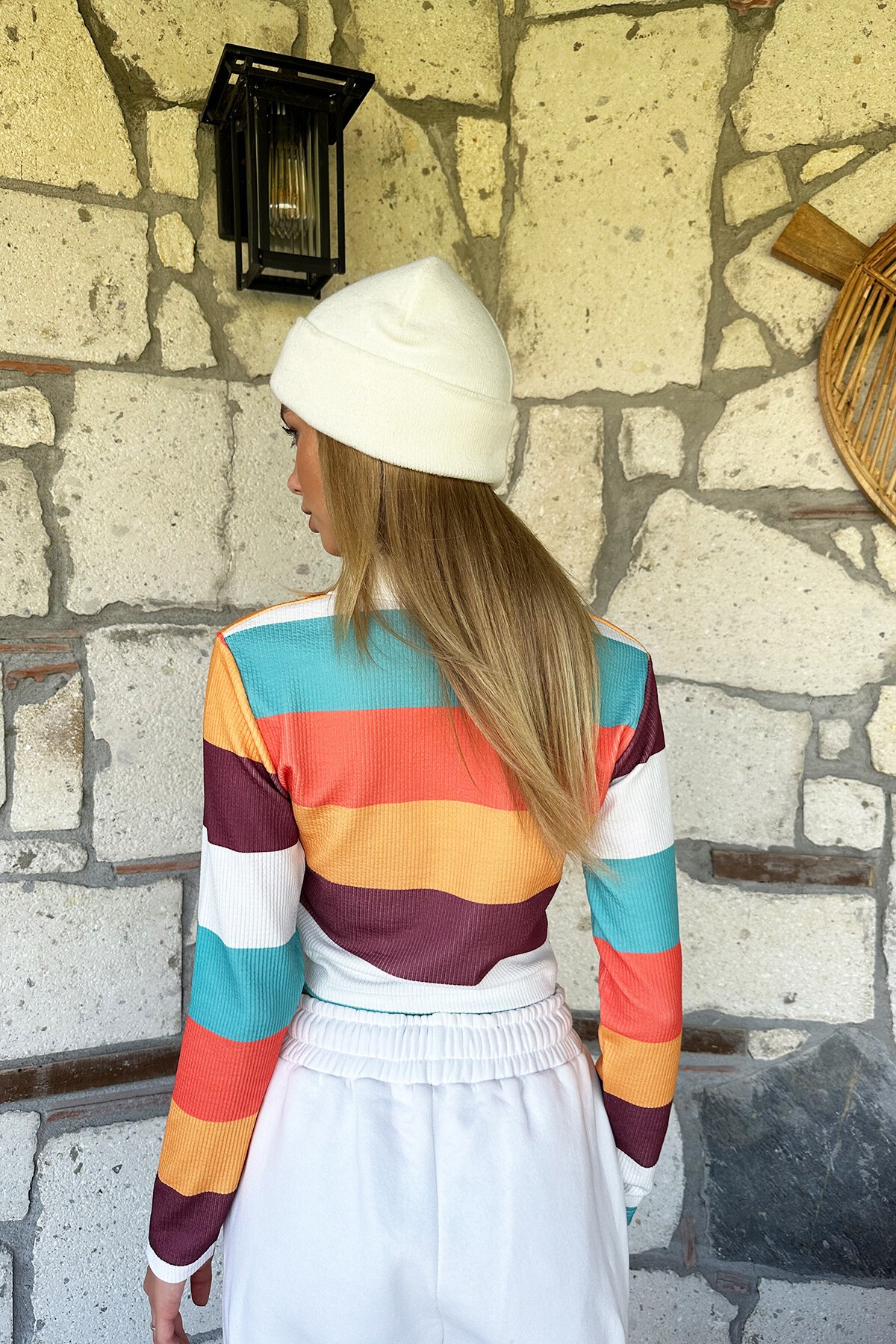 Ekru Kahve Polo Yaka Renk Bloklu Crop Bluz