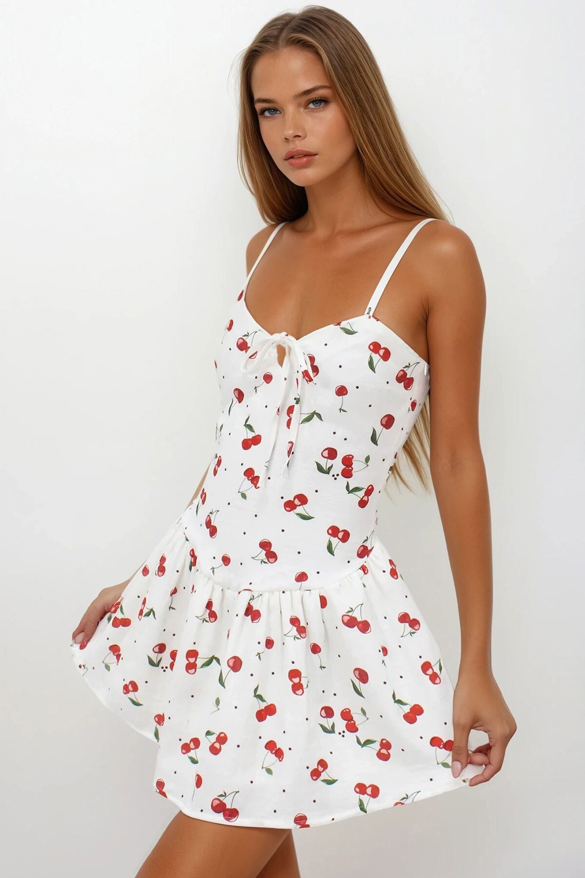 Ekru Kiraz Desenli Fermuar Kapamalı Astarlı Midi Boy Elbise