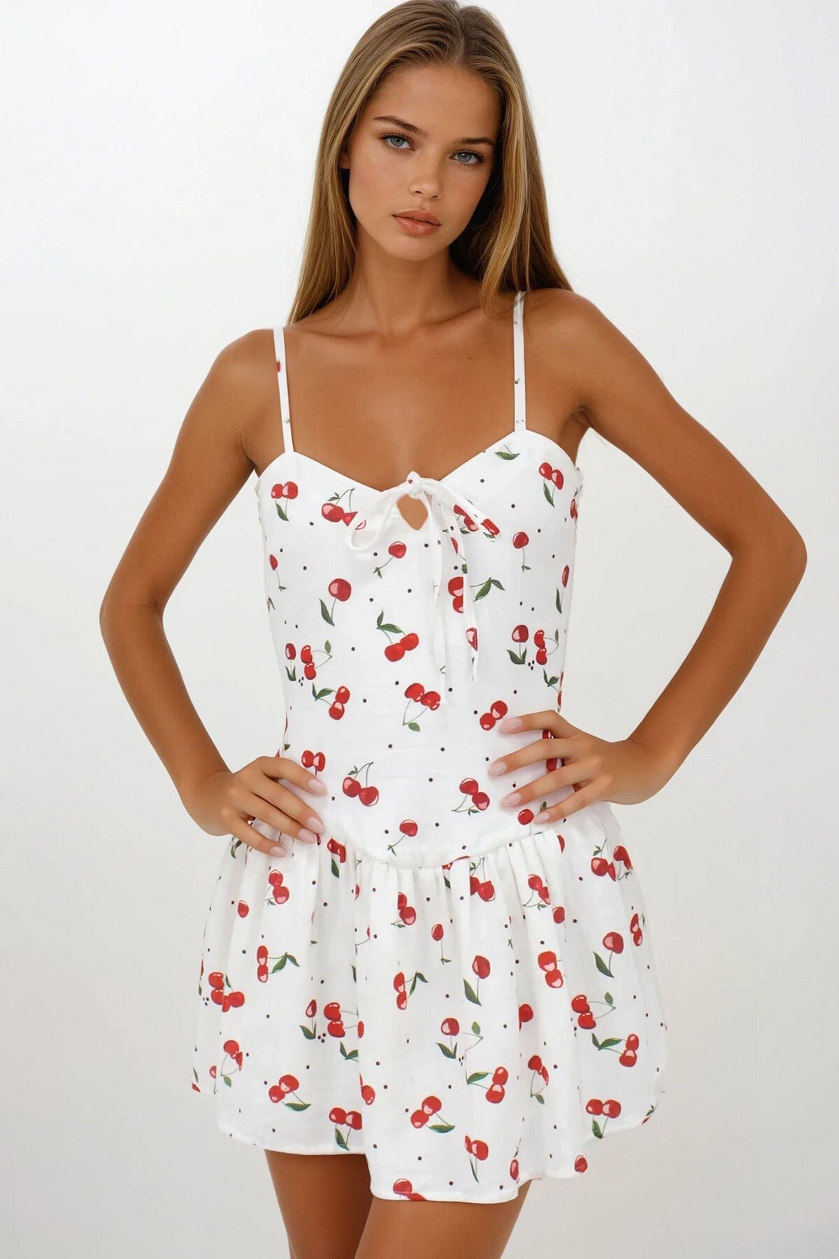 Ekru Kiraz Desenli Fermuar Kapamalı Astarlı Midi Boy Elbise