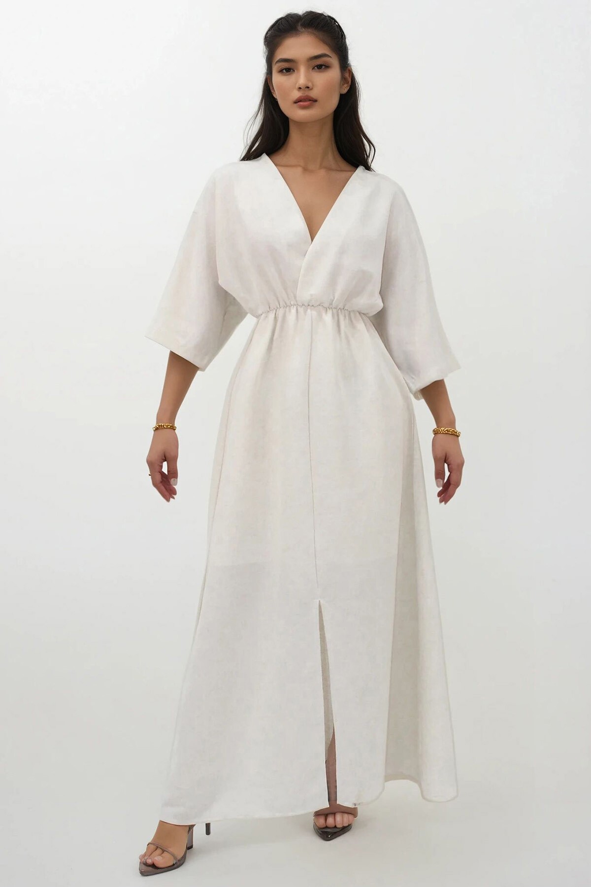 Ekru Kruvaze V Yaka Yırtmaç Detaylı İçi Astarlı Maxi Boy Keten Elbise