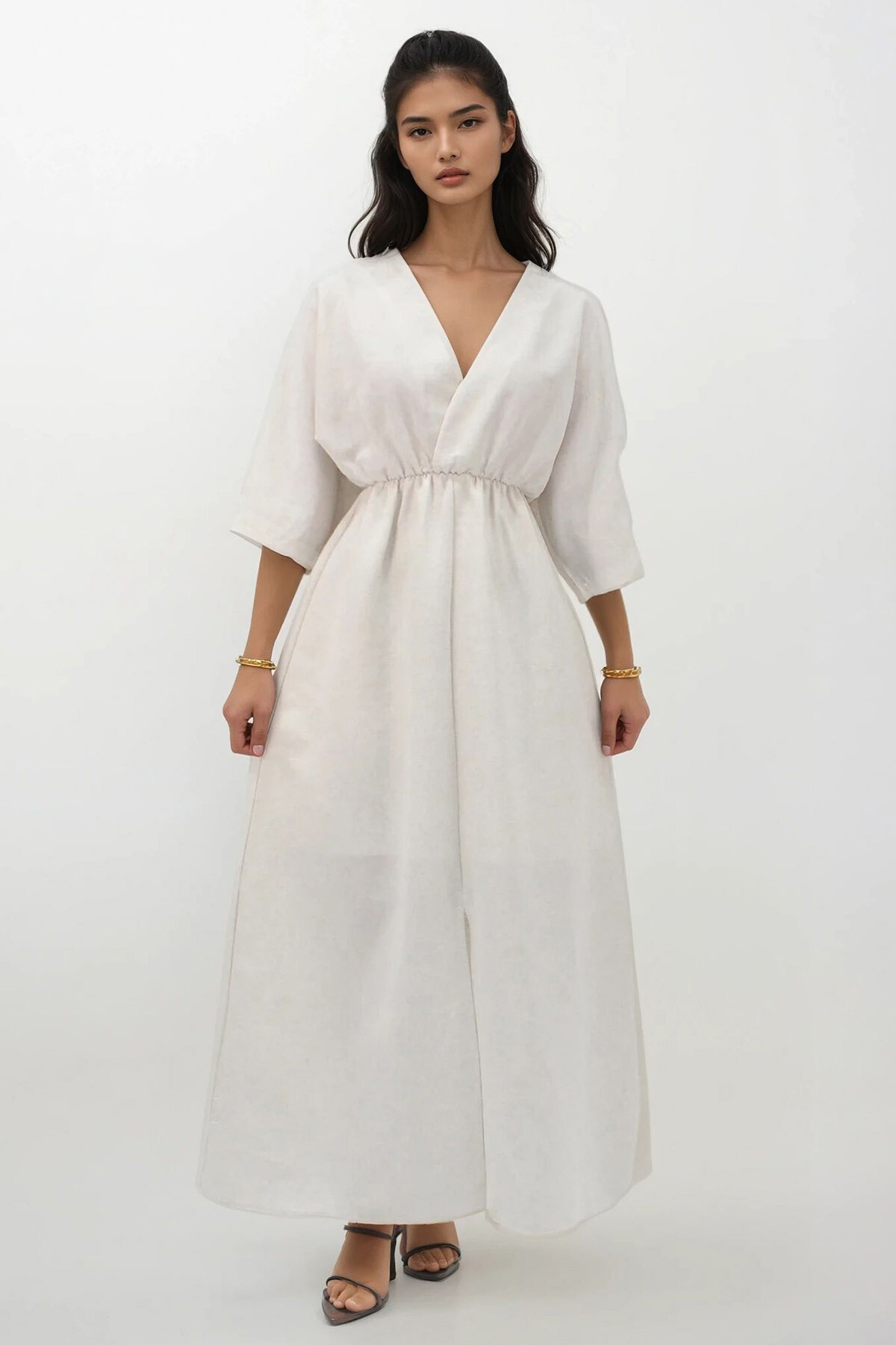 Ekru Kruvaze V Yaka Yırtmaç Detaylı İçi Astarlı Maxi Boy Keten Elbise