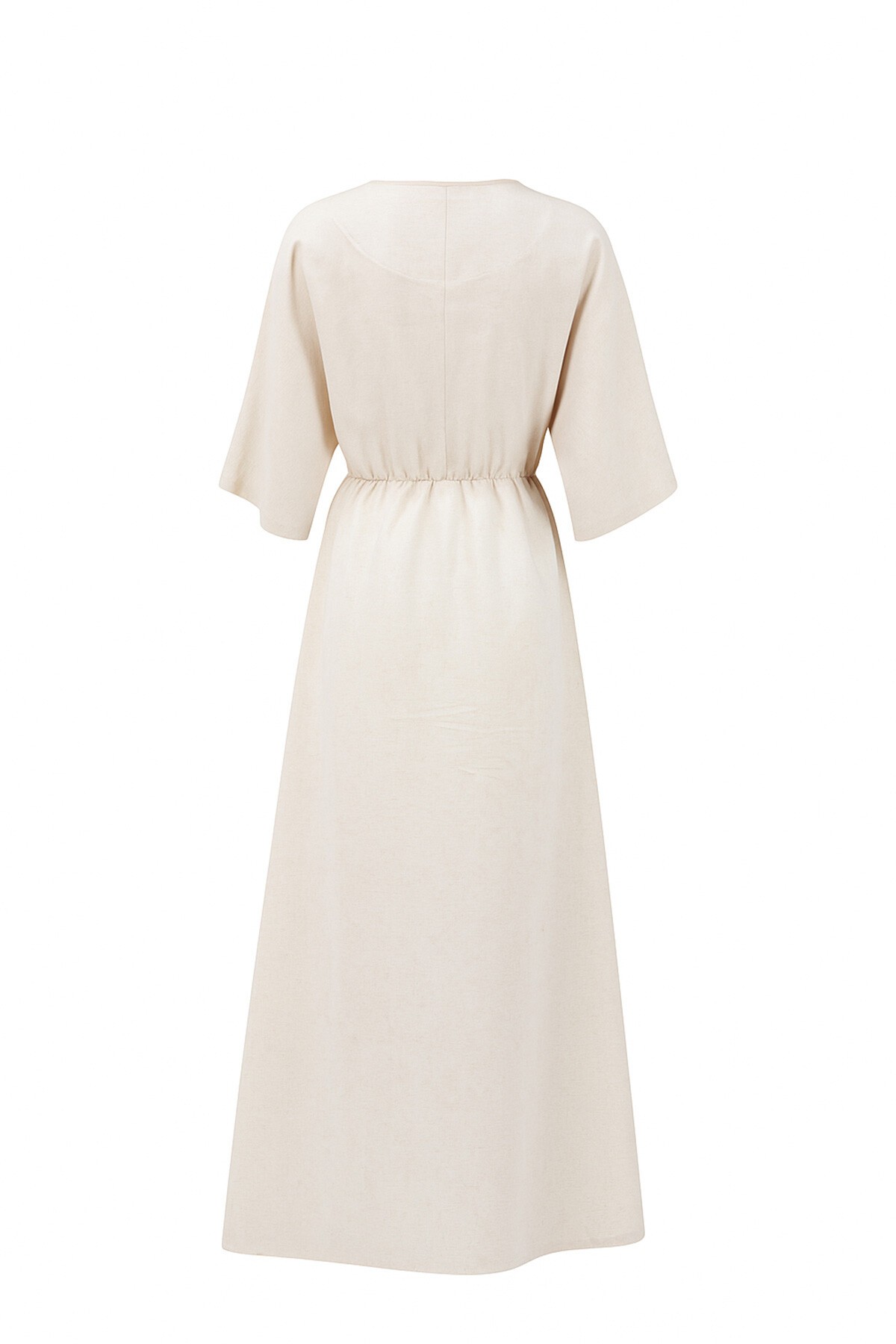 Ekru Kruvaze V Yaka Yırtmaç Detaylı İçi Astarlı Maxi Boy Keten Elbise
