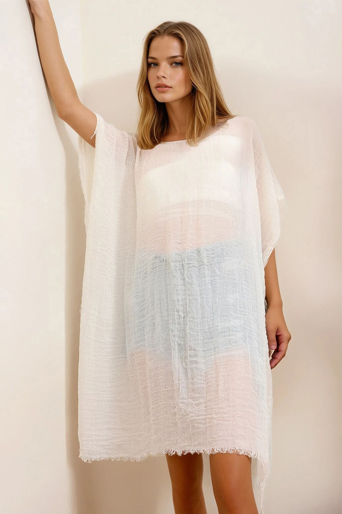 Ekru Oversize Pamuklu Kimono