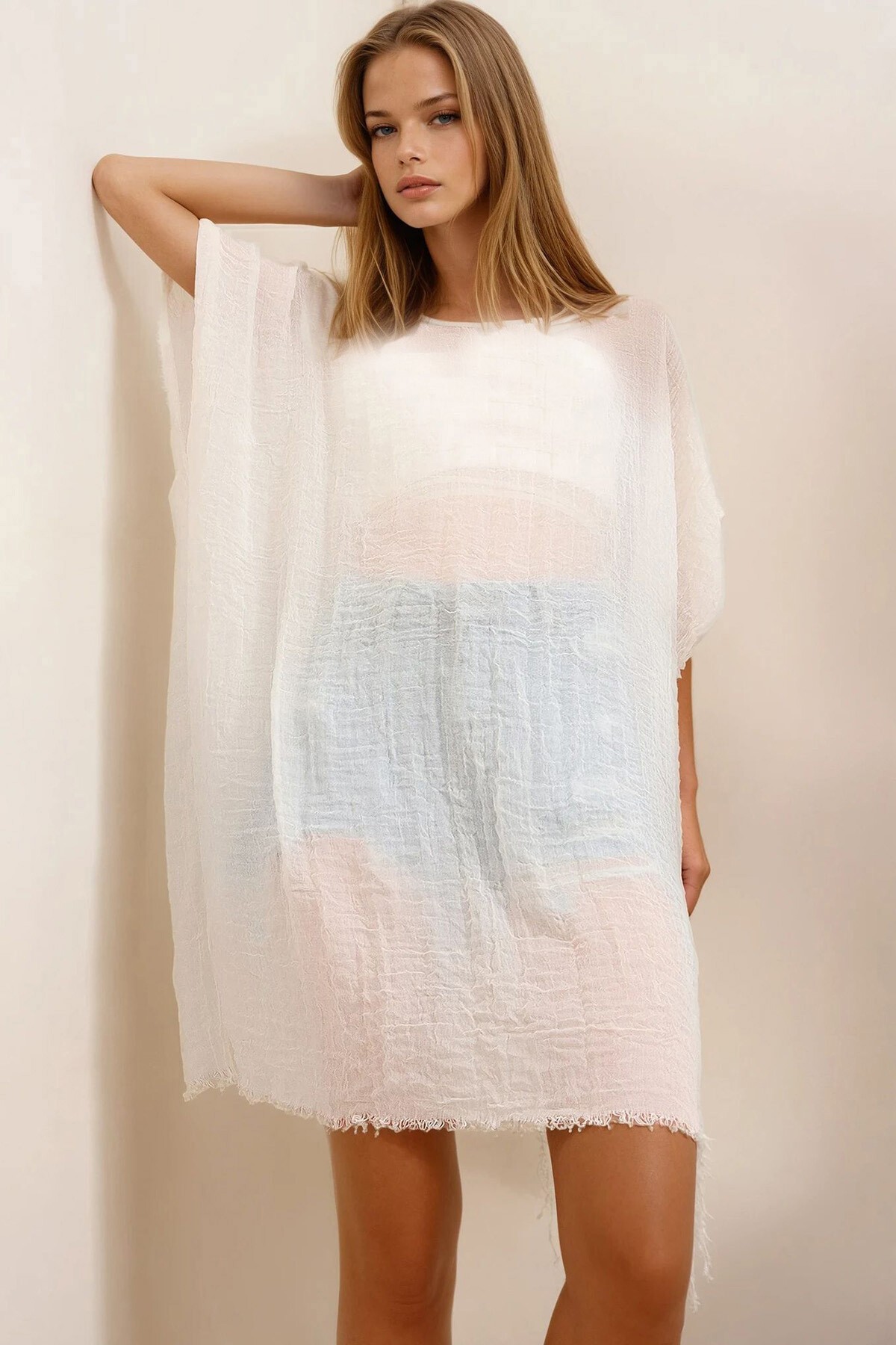 Ekru Oversize Pamuklu Kimono