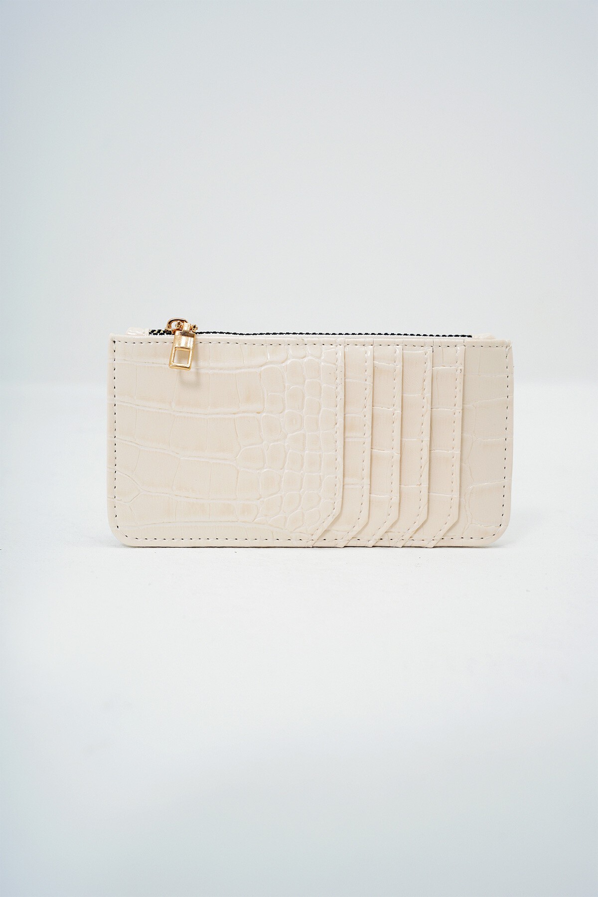 Ekru Suni Deri Fermuarlı Para Bölmeli Croco Desen İnce Kartlık