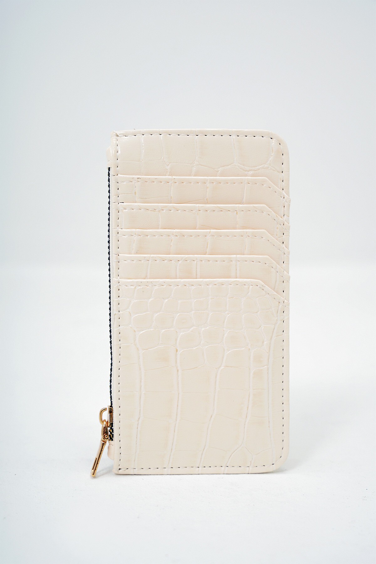 Ekru Suni Deri Fermuarlı Para Bölmeli Croco Desen İnce Kartlık