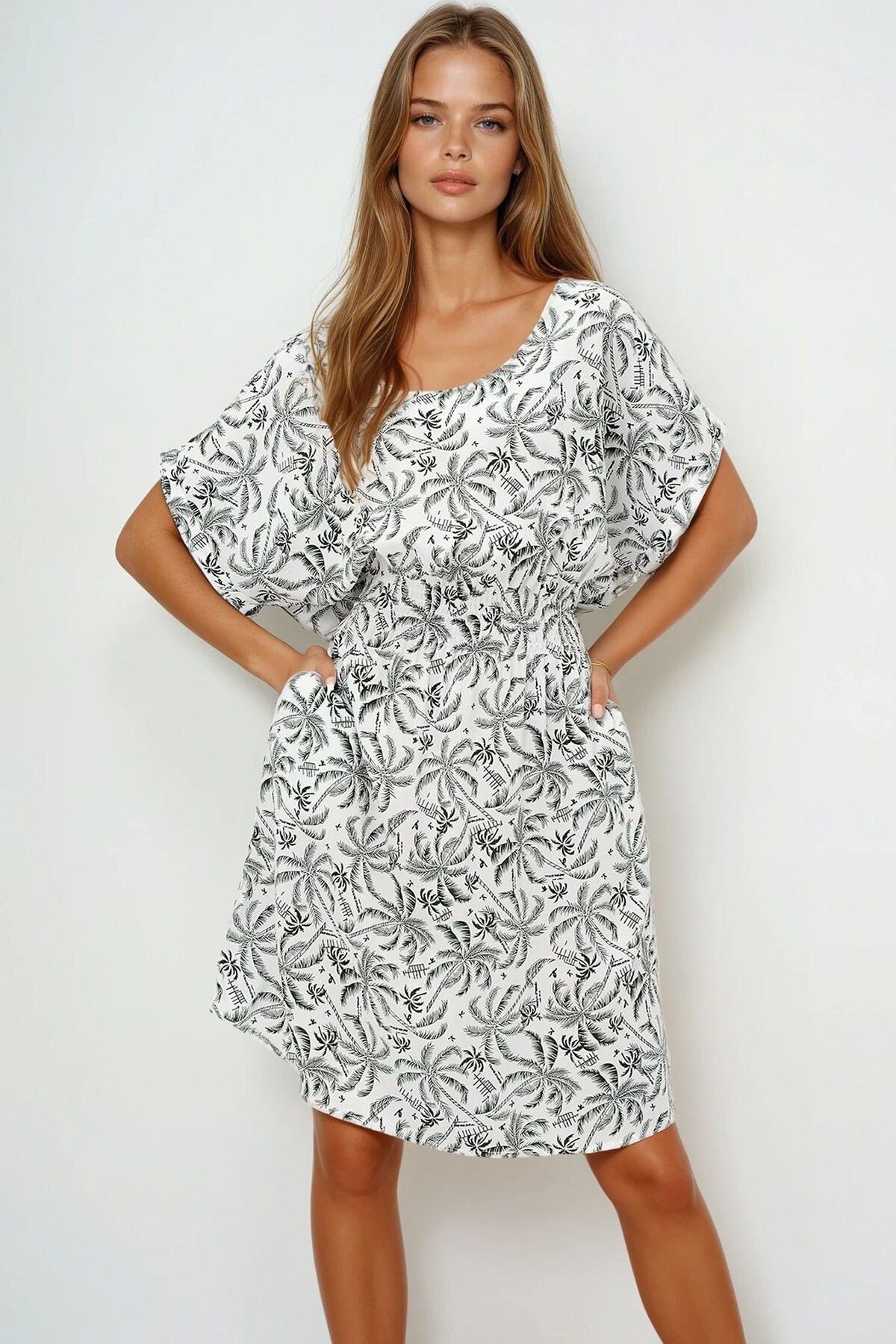 Ekru Yeşil Geniş Yaka Beli Gipeli Desenli Yazlık Dokuma Elbise