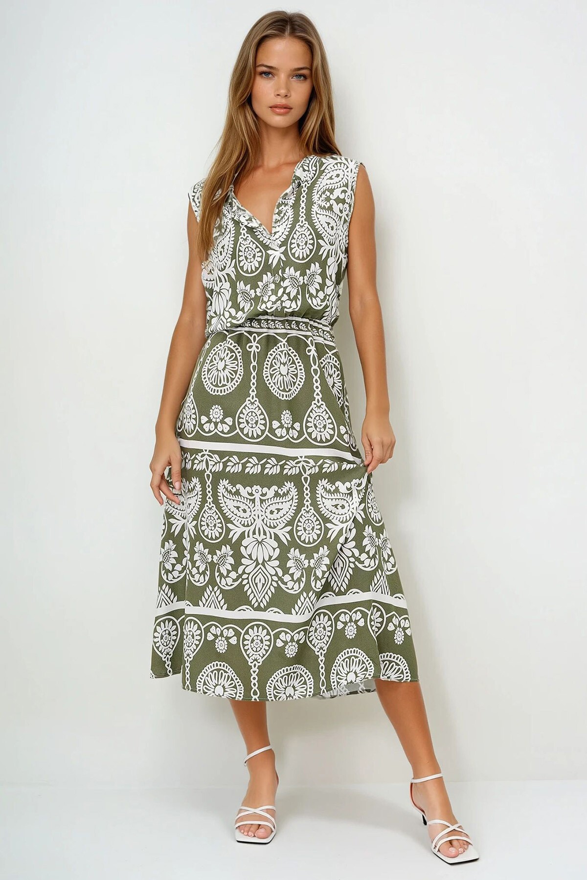 Ekru Yeşil Hakim Yaka Önü Düğmeli Sıfır Kol Dokuma Yazlık Elbise