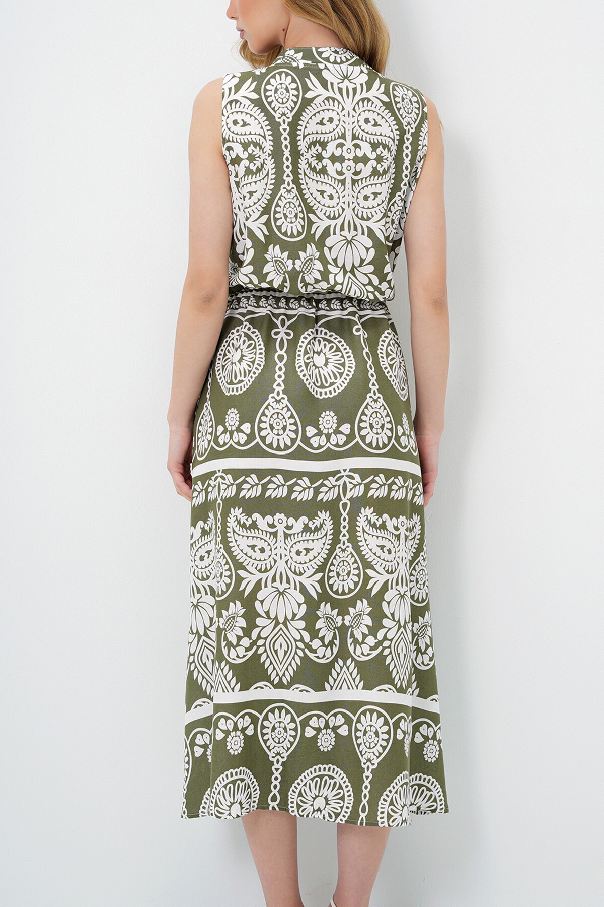 Ekru Yeşil Hakim Yaka Önü Düğmeli Sıfır Kol Dokuma Yazlık Elbise