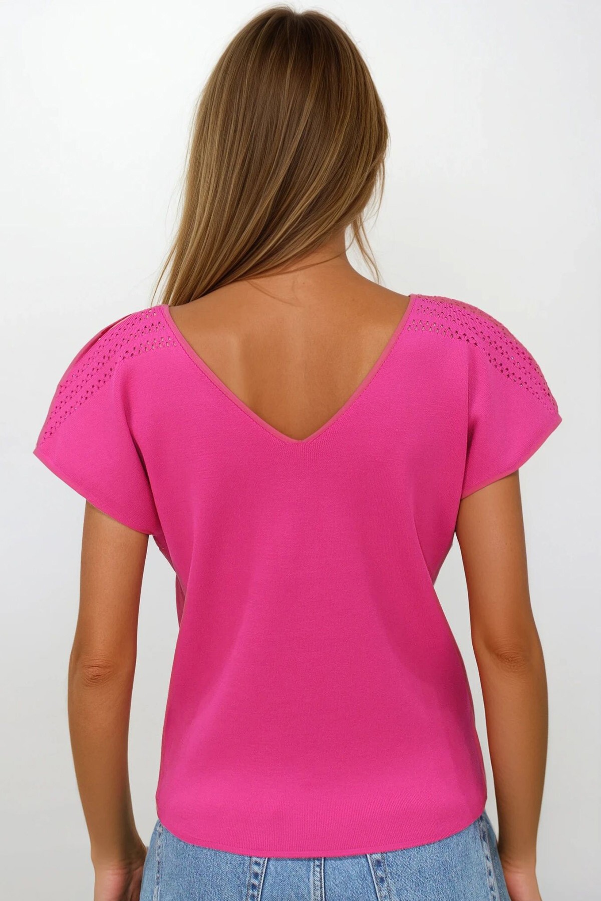 Fuşya Ajurlu Kolları Yırtmaç Detaylı Triko Bluz