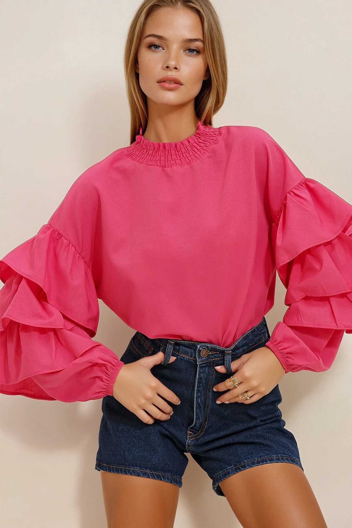 Fuşya Balıkçı Yaka Kolları Kat Volanlı Dokuma Bluz