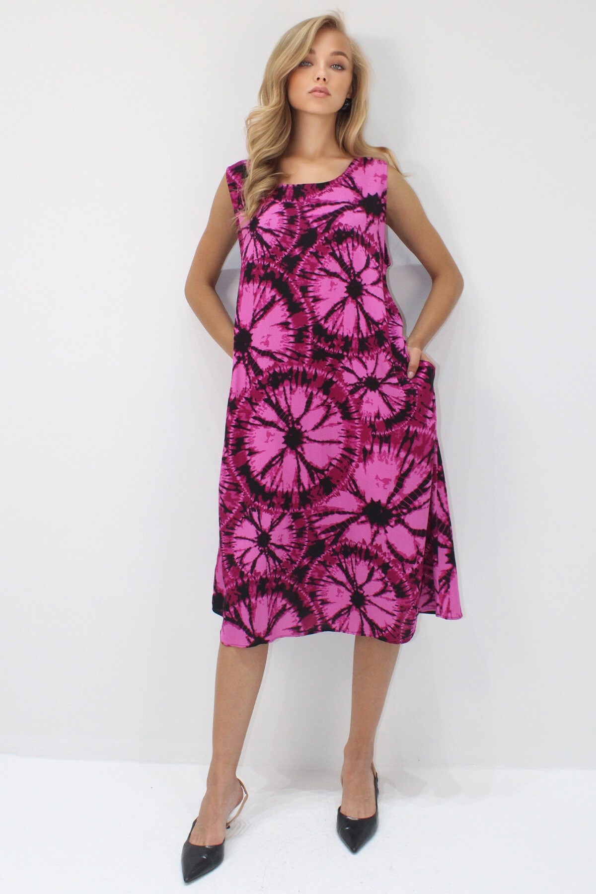 Fuşya Bisiklet Yaka Çift Cepli Batik Desenli A Form Midi Boy Dokuma Viskon Elbise