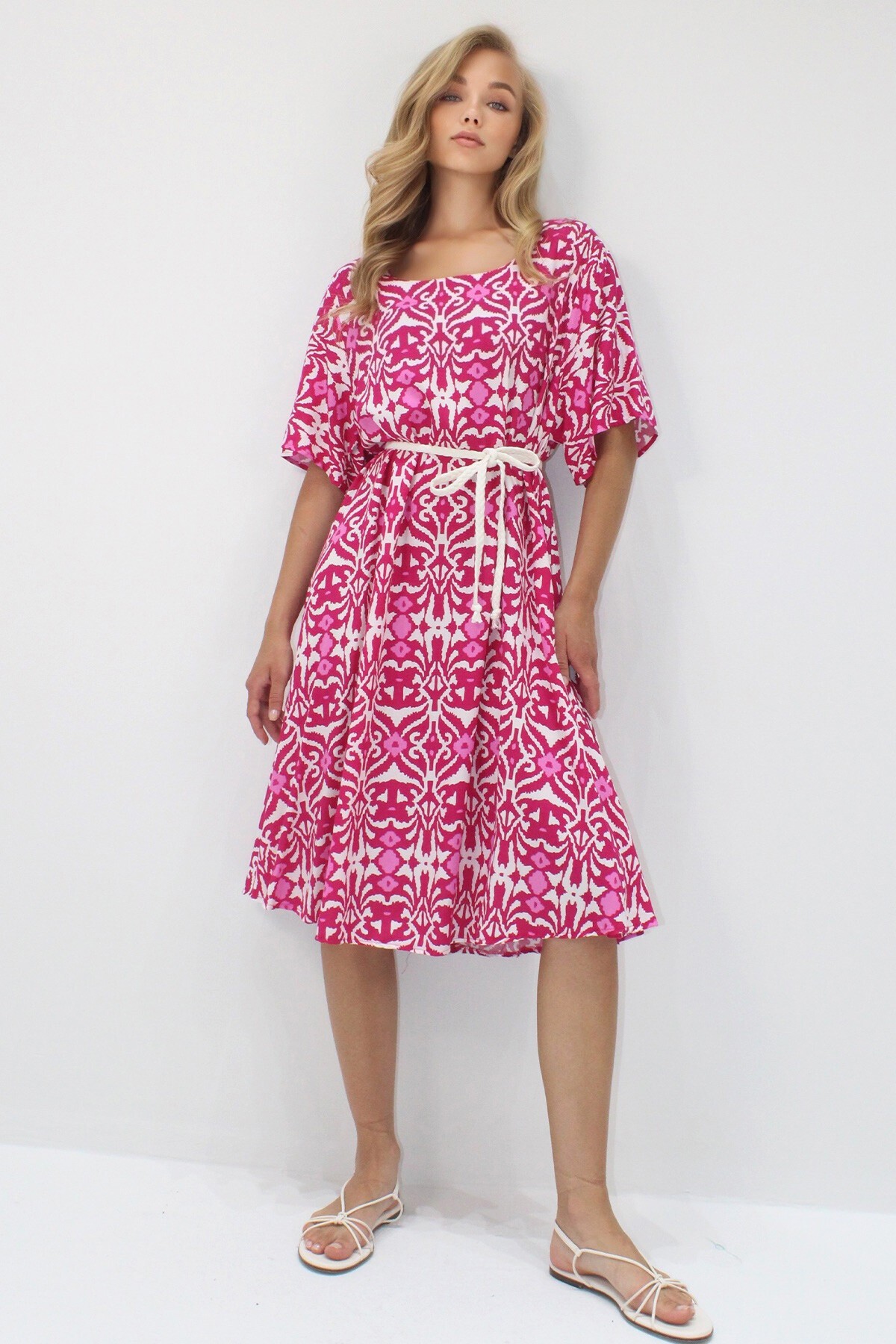 Fuşya Bisiklet Yaka Desenli Rahat Kalıp Dokuma Viskon Elbise