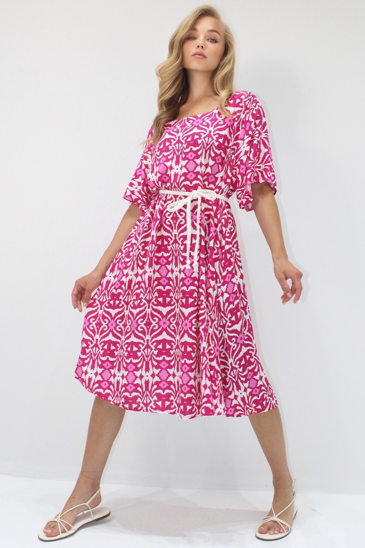Fuşya Bisiklet Yaka Desenli Rahat Kalıp Dokuma Viskon Elbise