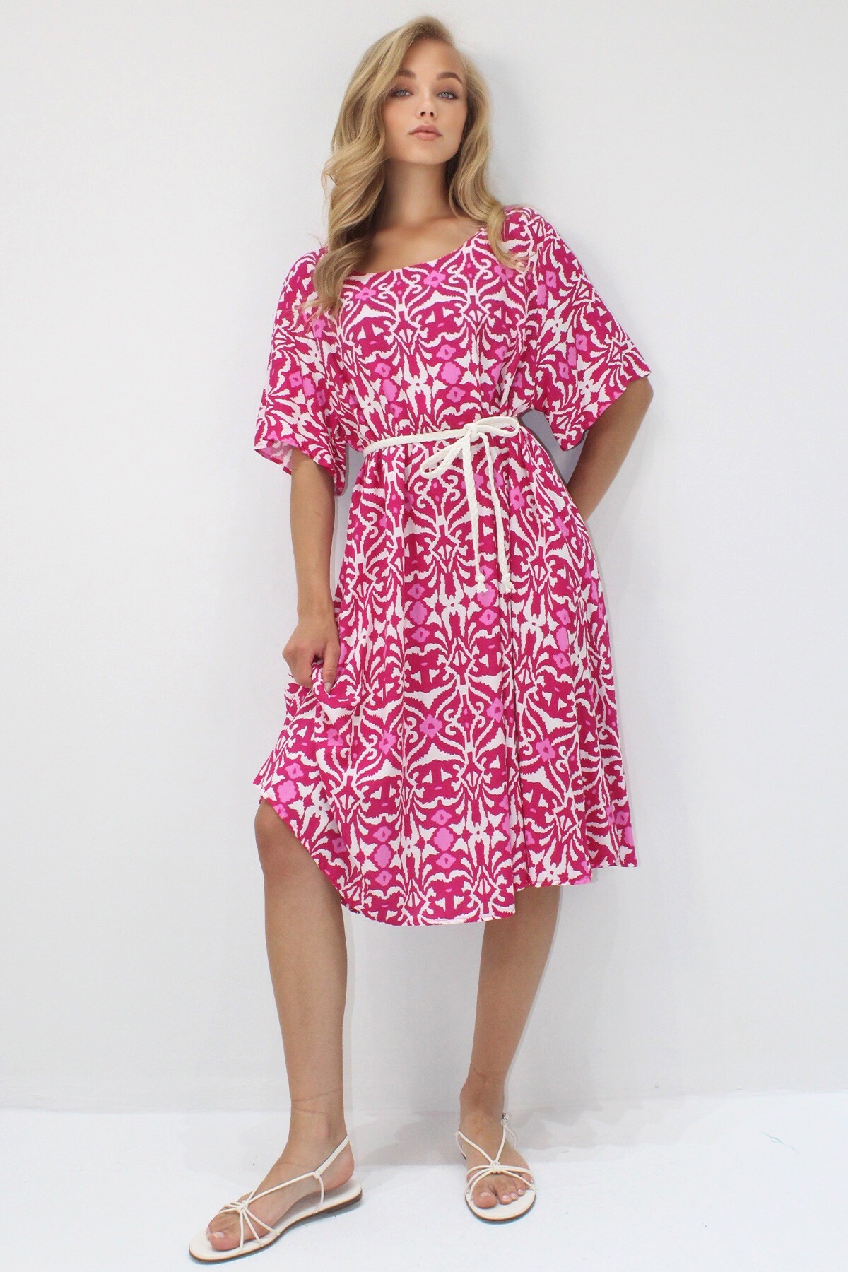 Fuşya Bisiklet Yaka Desenli Rahat Kalıp Dokuma Viskon Elbise